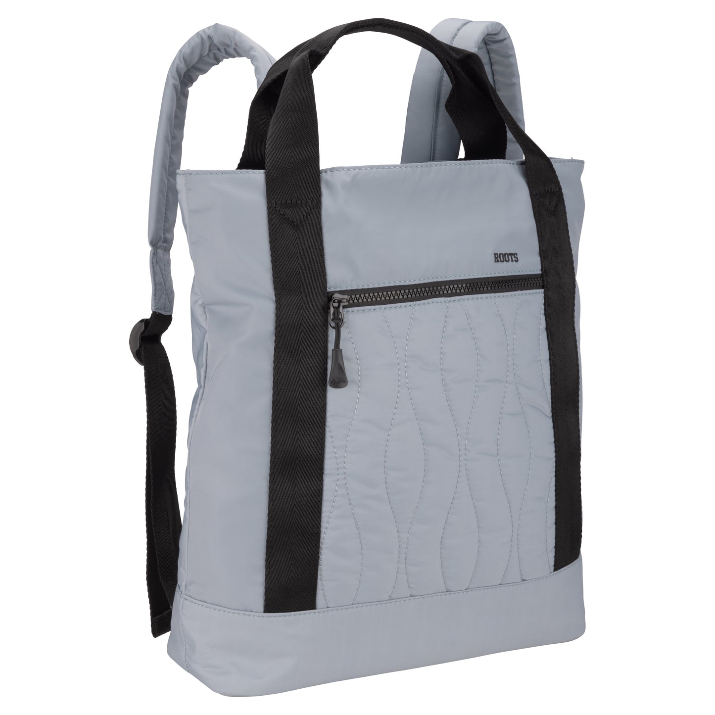 Roots Kammy Wavy quilted backpack in blue, durable polyester, black handles, front zip pocket, adjustable straps.