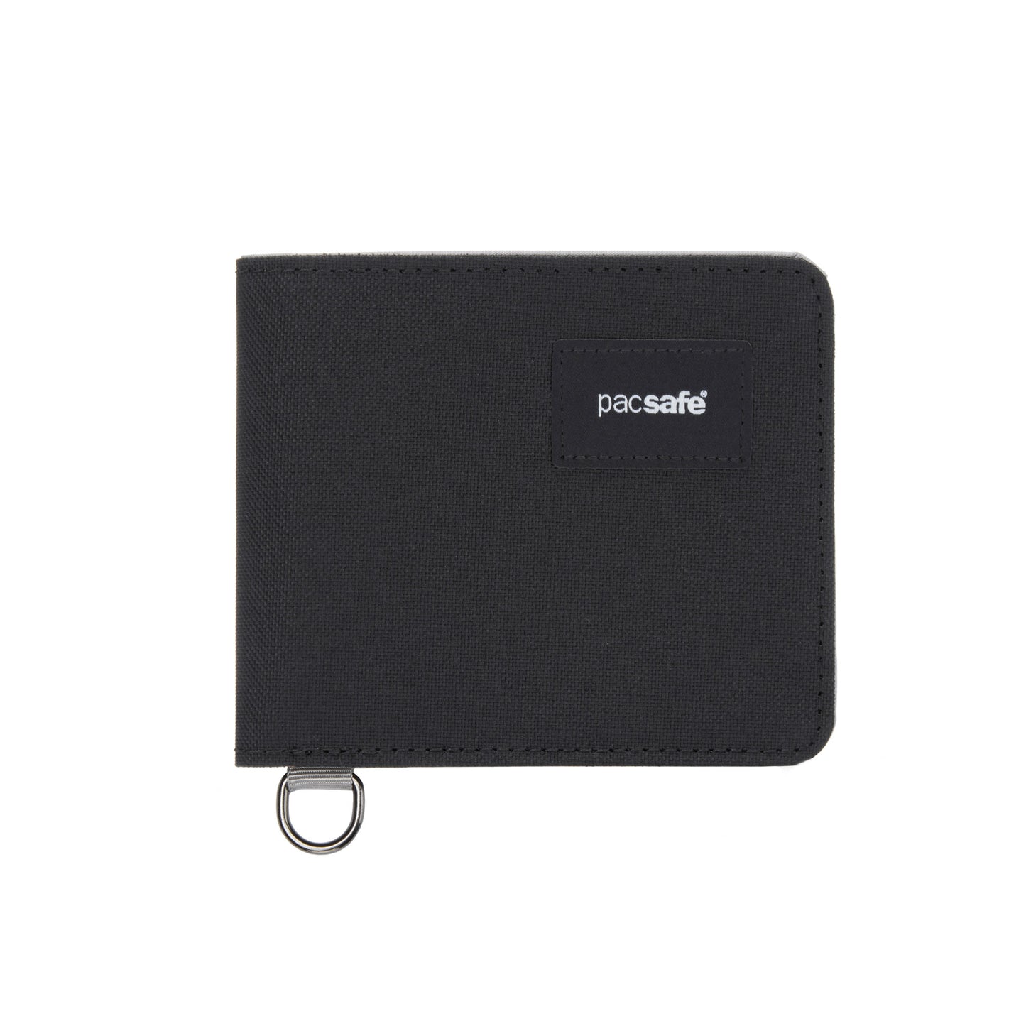 Pacsafe® RFIDsafe™ bifold RFID-blocking wallet, black slim recycled polyester with metal ring on white background.
