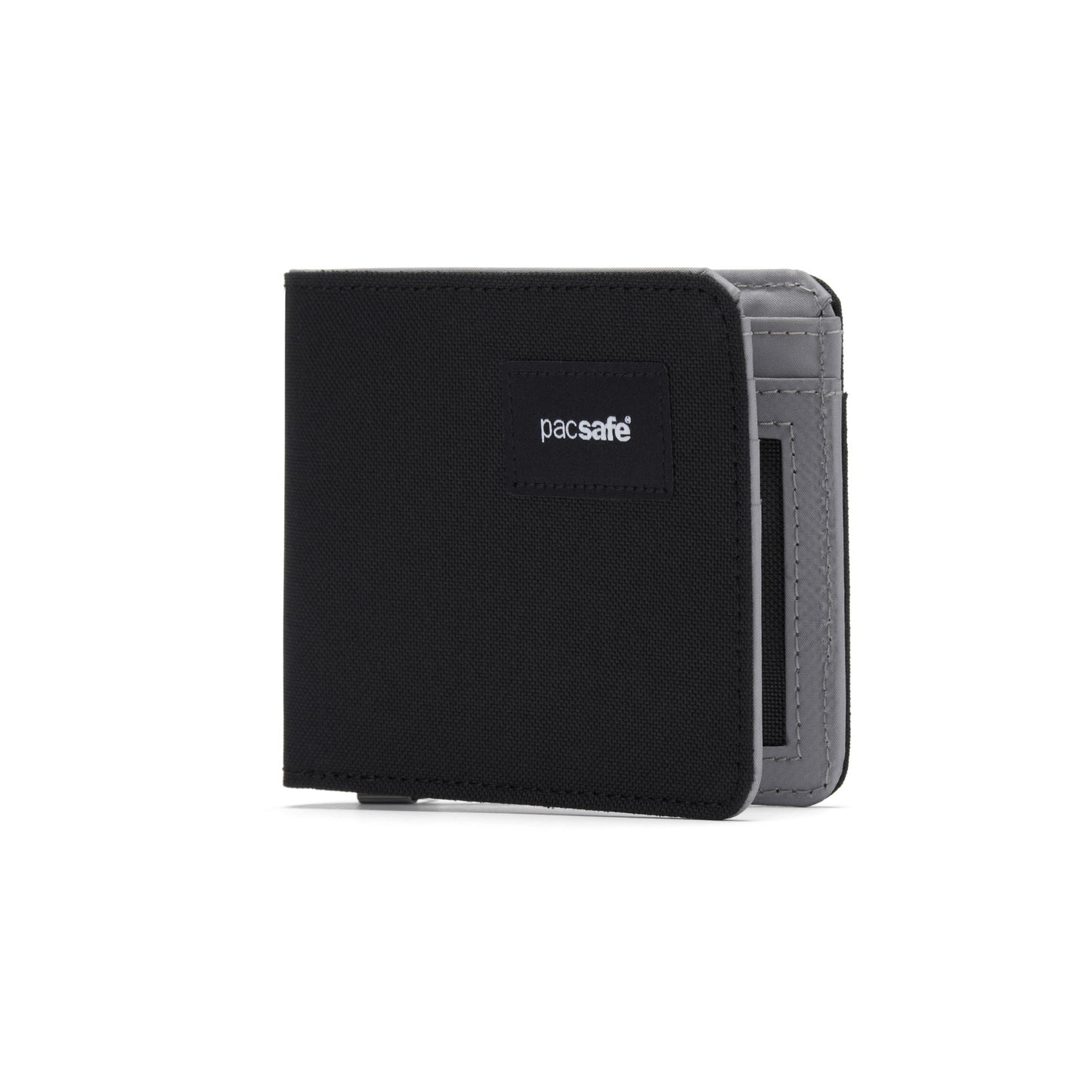 Black Pacsafe® RFIDsafe™ Bifold Wallet with RFID blocking on a white background.