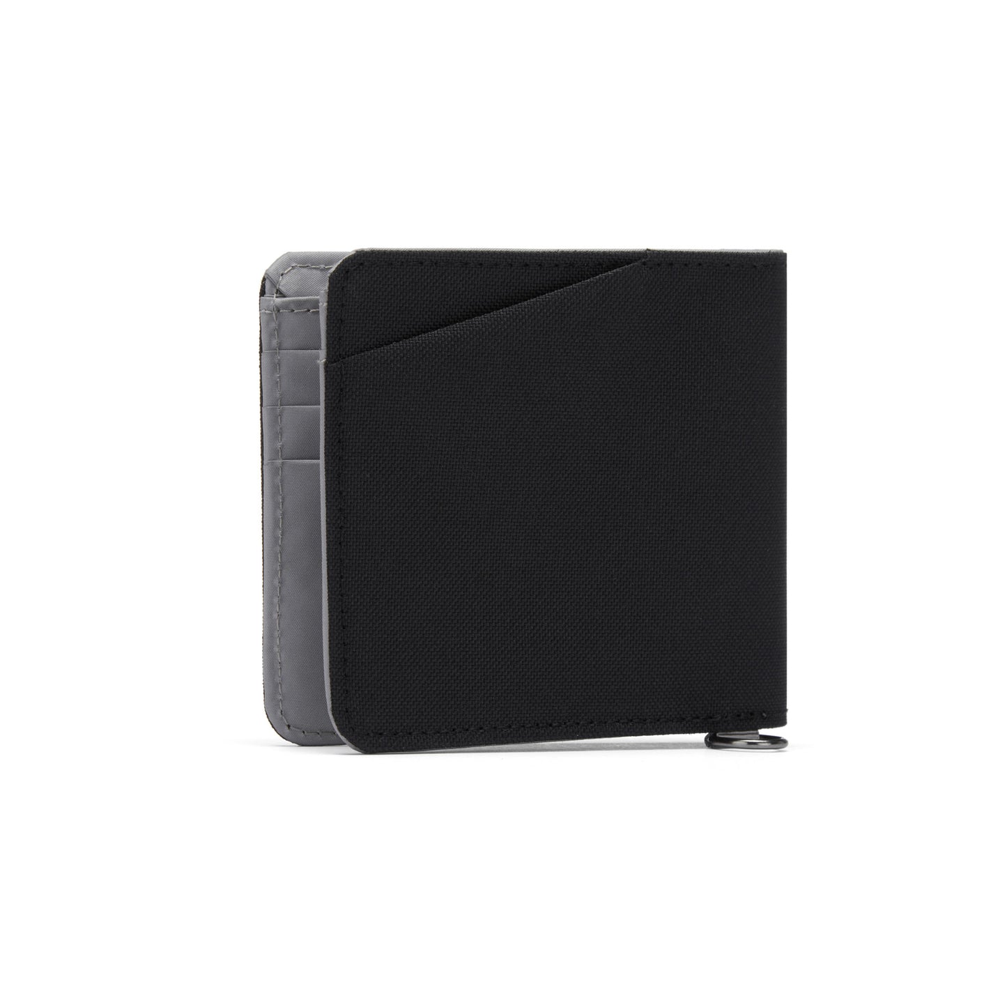 Pacsafe® RFIDsafe™ bifold wallet in slim black recycled polyester with RFID protection, card slot, and loop.