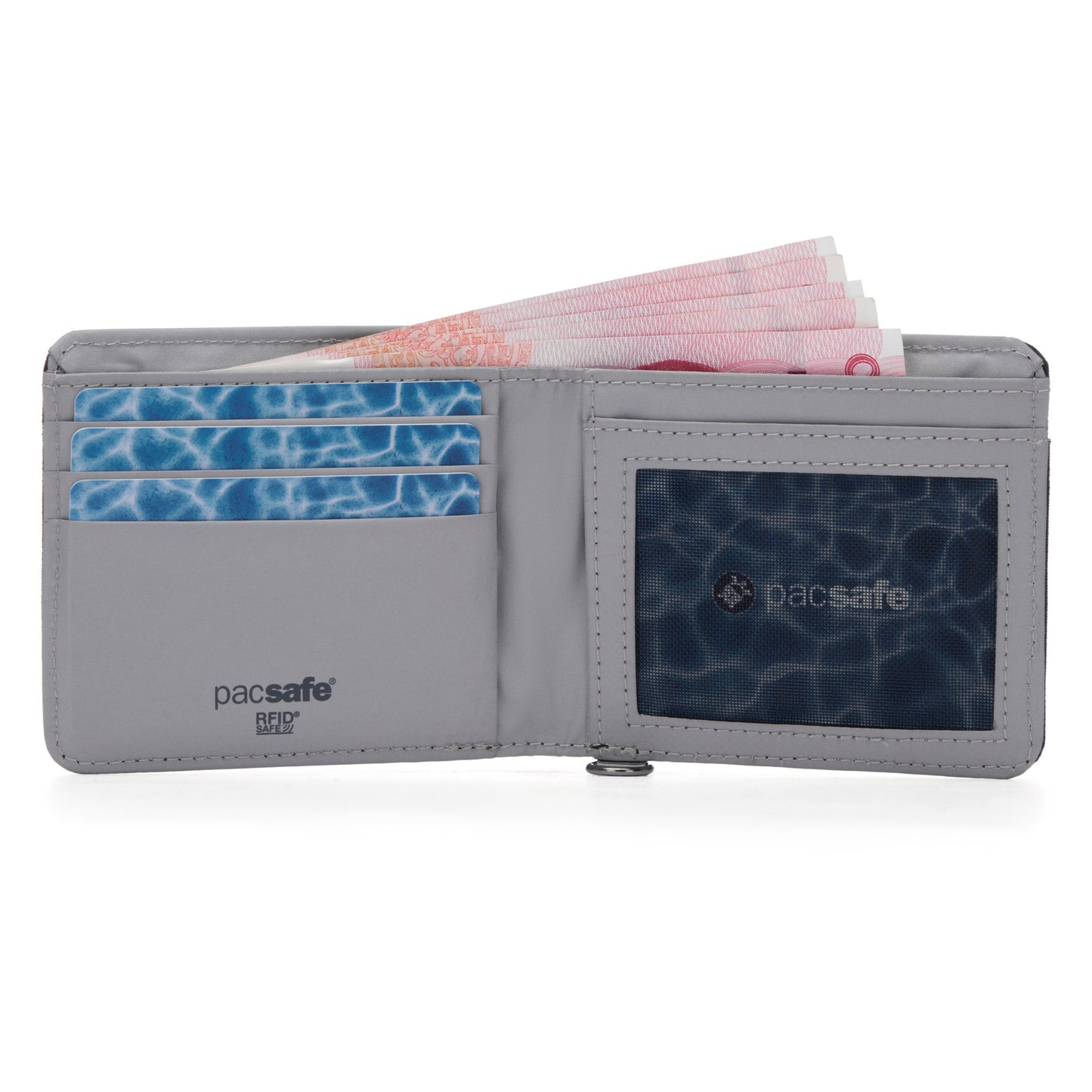 Open view of Pacsafe® RFIDsafe™ RFID Blocking Bifold Wallet with cards and money inside