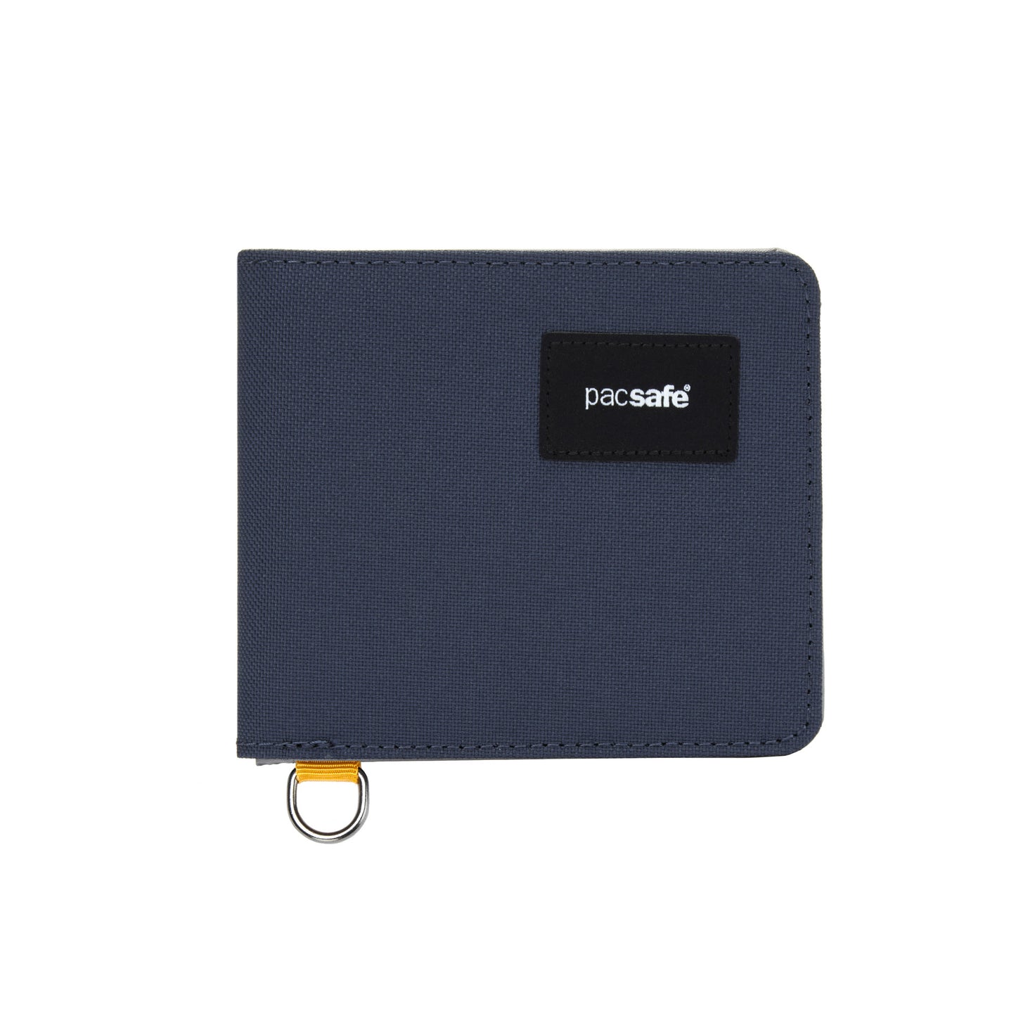 Pacsafe® RFIDsafe™ Bifold Wallet: Blue recycled polyester, RFID blocking, black logo patch, metal ring.