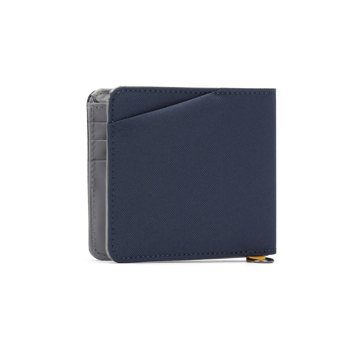 A Pacsafe® RFIDsafe™ blue bifold wallet with RFID protection on a white background.
