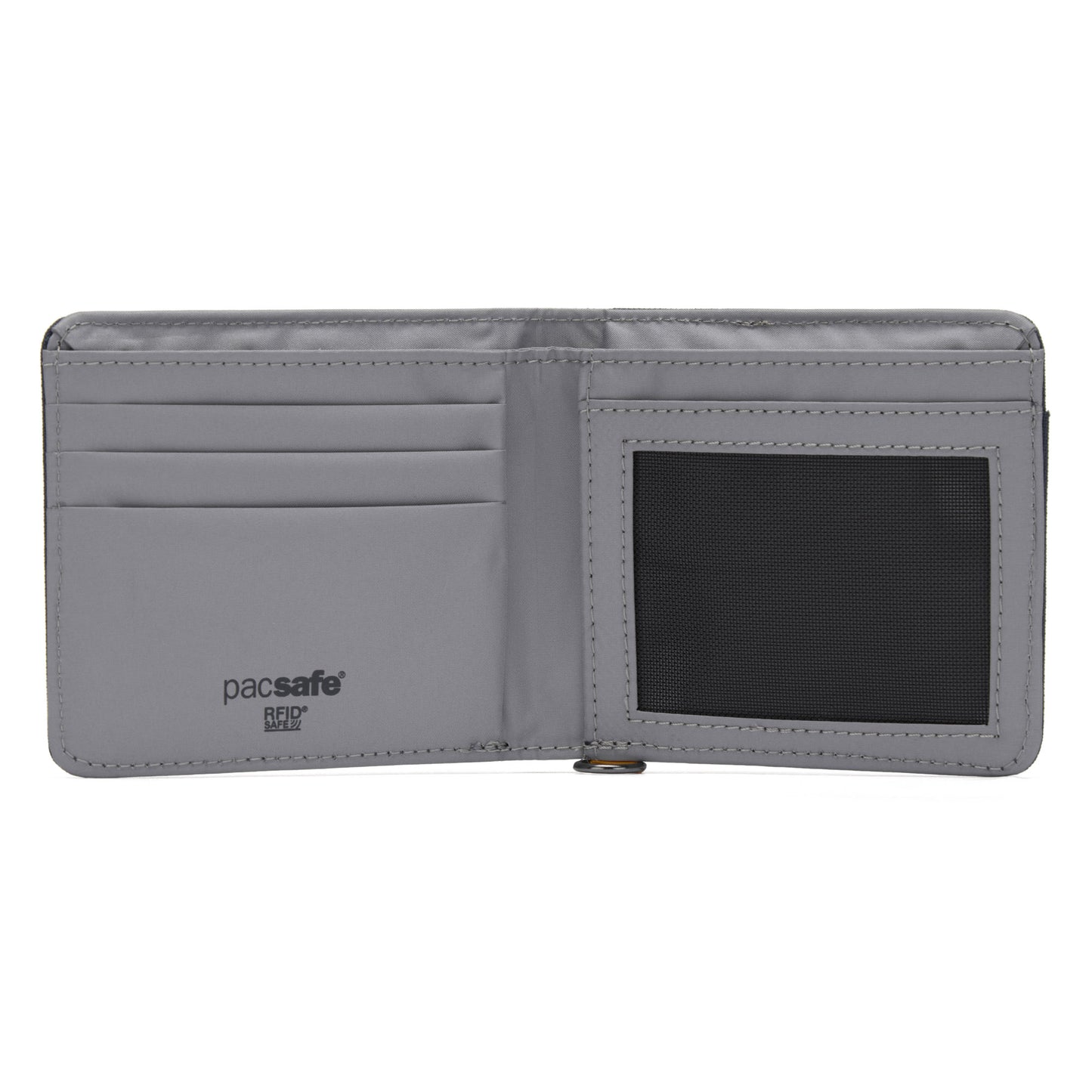 Open view of the grey interior of the Pacsafe® RFIDsafe™ Bifold Wallet with card slots, mesh window, and RFID blocking.