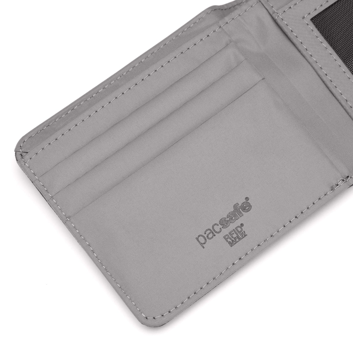 Pacsafe® RFIDsafe™ Bifold Wallet open, showing card slots, ID window; includes RFID blocking.