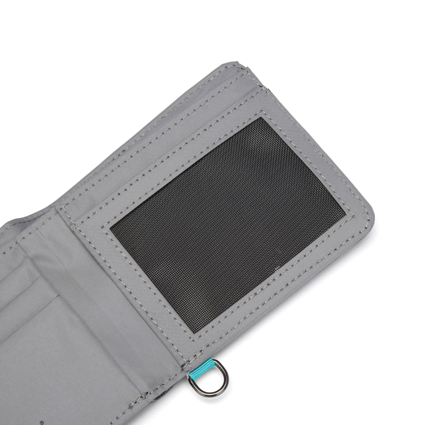 Open Pacsafe® RFIDsafe™ stone grey wallet with grey interior card slots, mesh ID window, and RFID blocking.