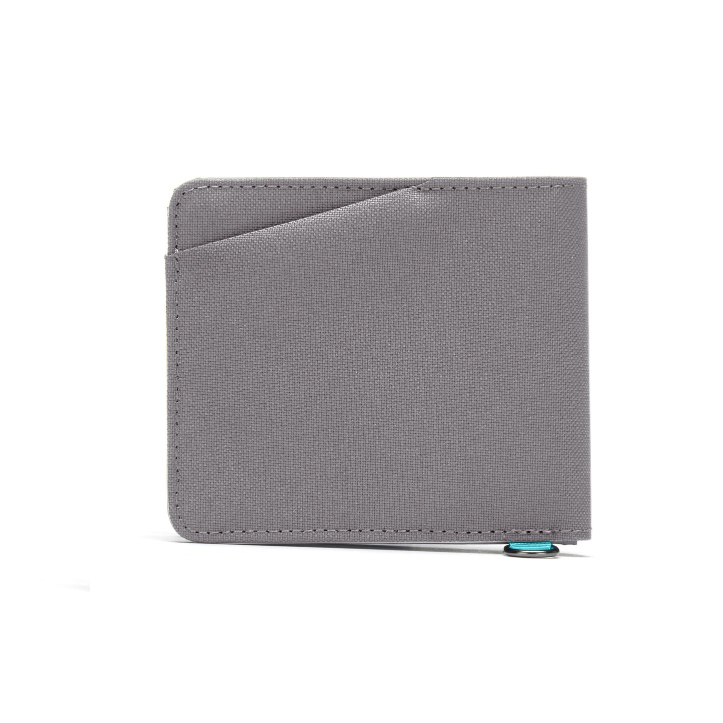 A slim stone grey Pacsafe® RFIDsafe™ bifold wallet with a blue button, made from recycled polyester and RFID blocking.