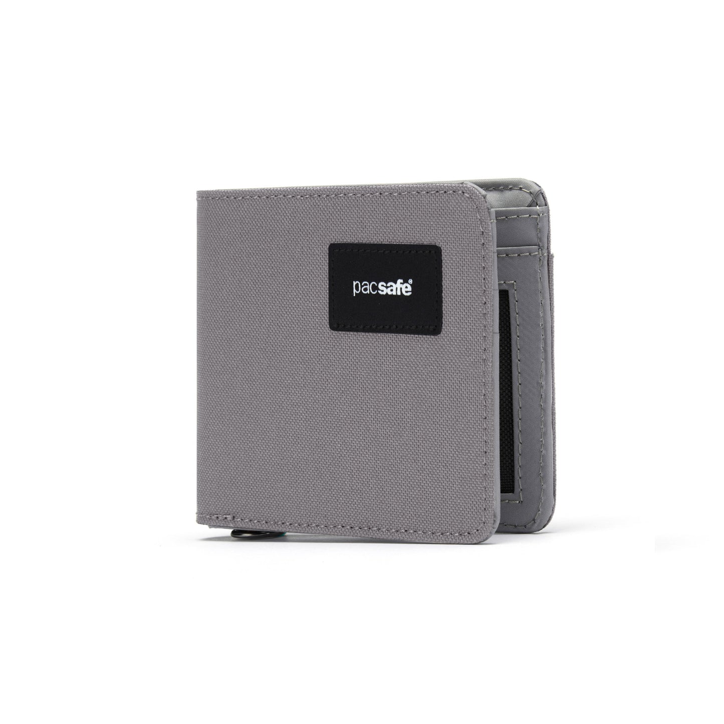 Slim Pacsafe® RFIDsafe™ bifold wallet in stone grey, RFID-blocking with black logo, made from recycled polyester.