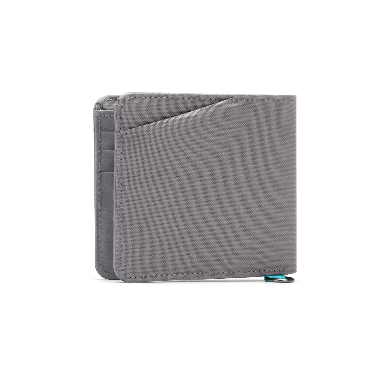 Back angled view of Pacsafe® RFIDsafe™ stone grey wallet: minimalist design, recycled polyester, visible pocket, teal zipper detail.
