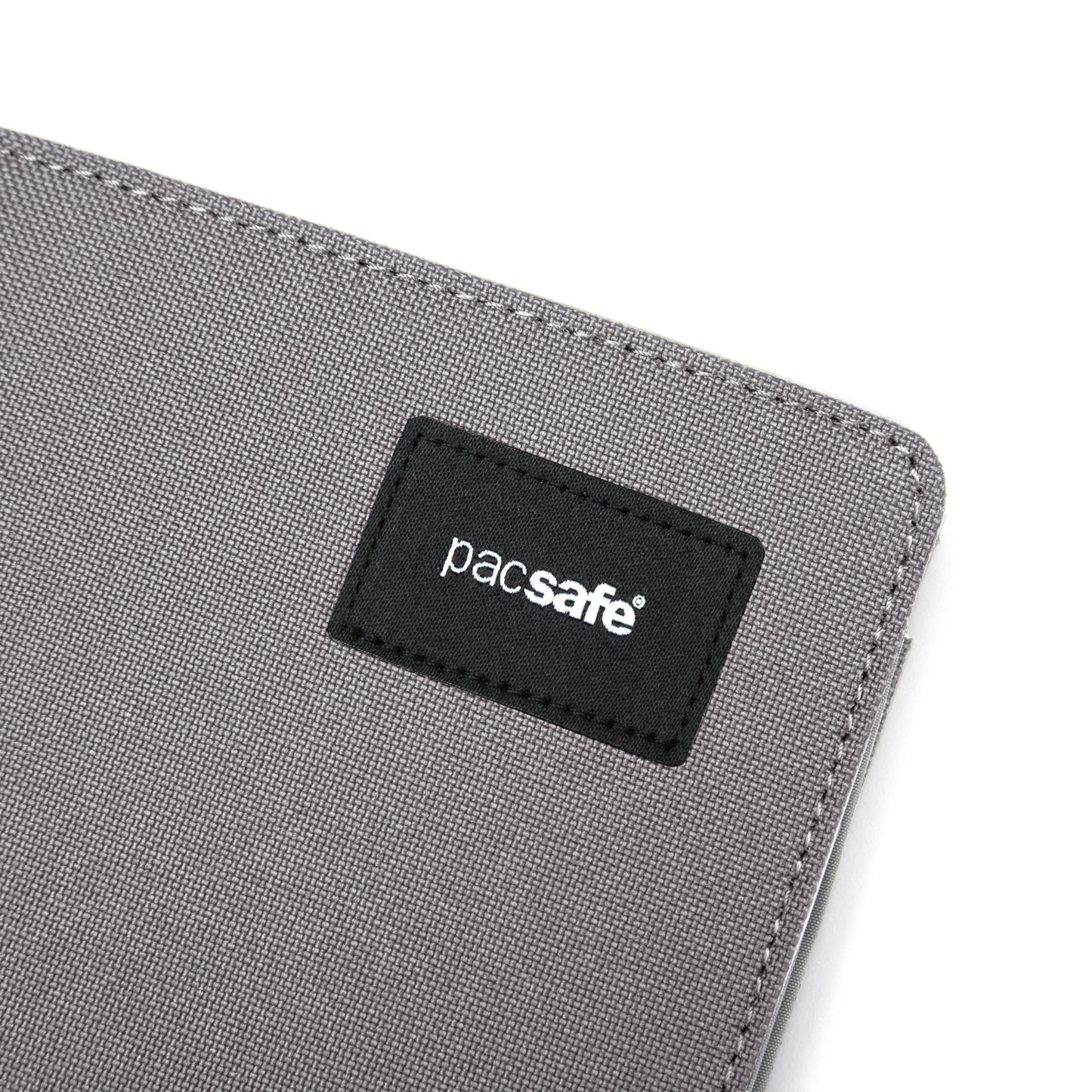 Stone grey recycled polyester wallet with black "Pacsafe" logo patch