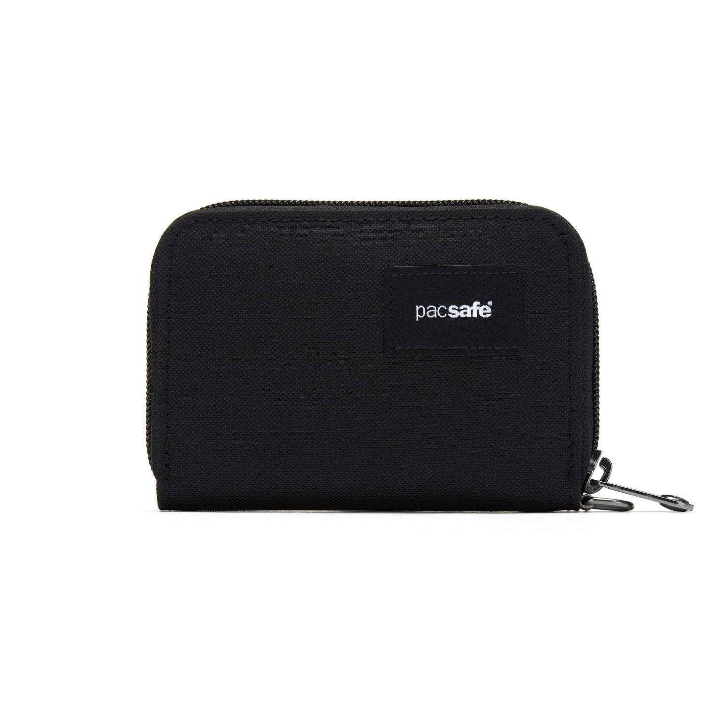 Pacsafe® RFIDsafe™ card wallet in black recycled polyester with Pacsafe label on white background.