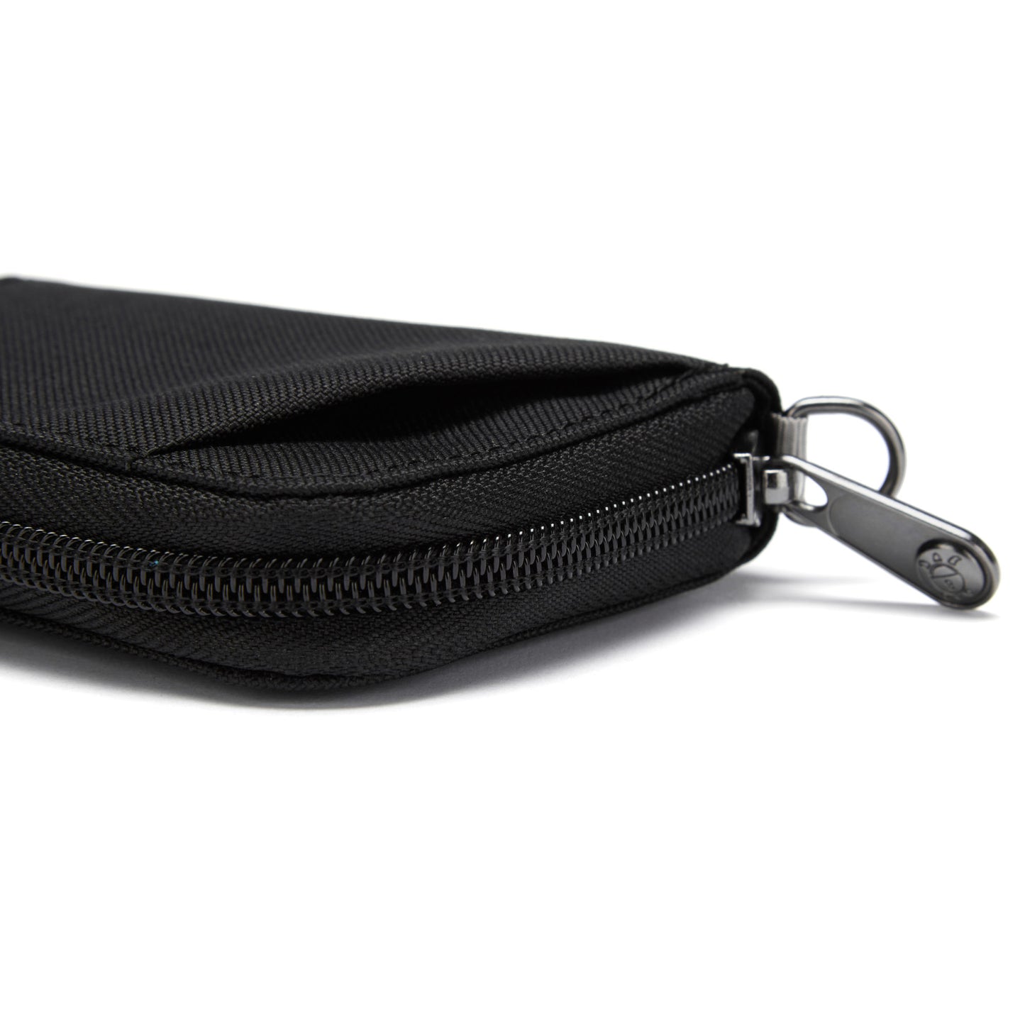 Side view of Pacsafe® RFIDsafe™ wallet, black, with metal zipper and made from recycled polyester.