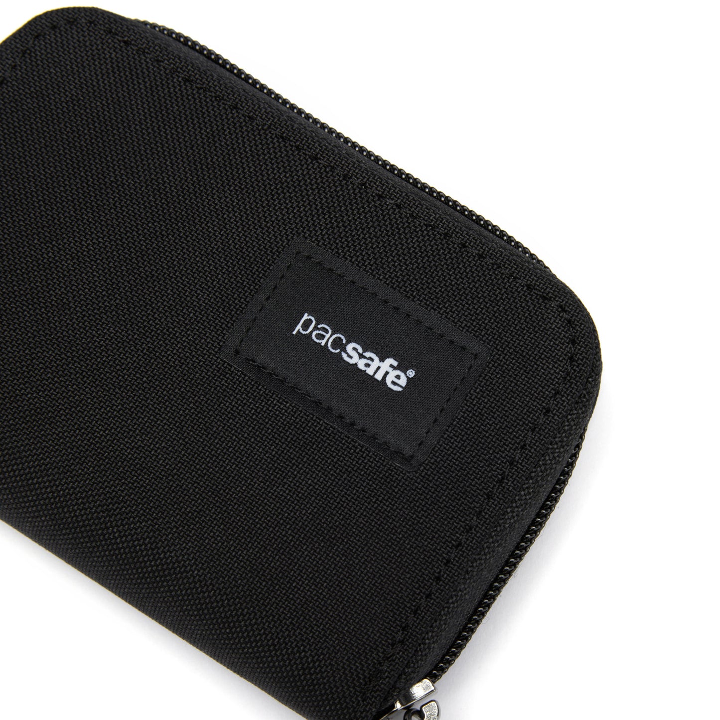 The Pacsafe® RFIDsafe™ wallet features the brand logo on its zippered, recycled polyester surface.