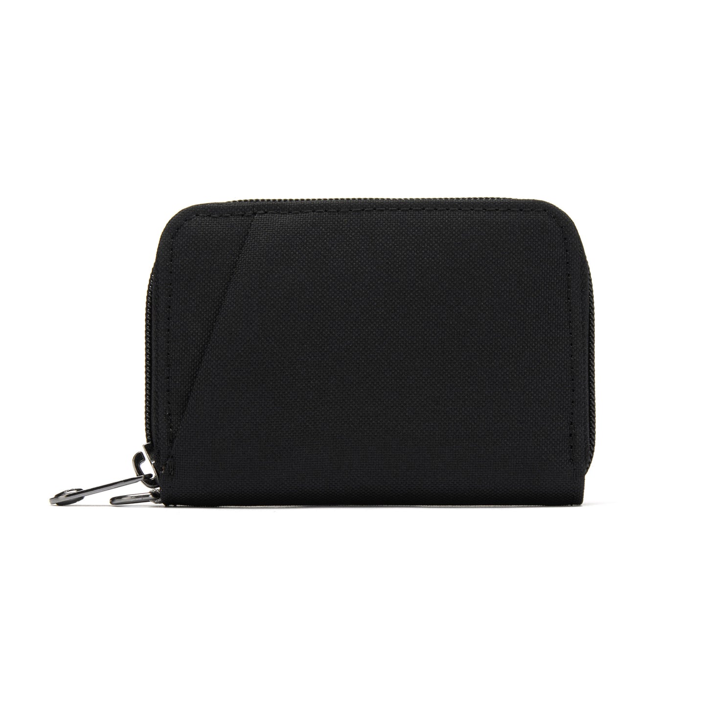 Pacsafe® RFIDsafe™ Card Wallet: Black, zippered, textured recycled polyester with rounded edges.