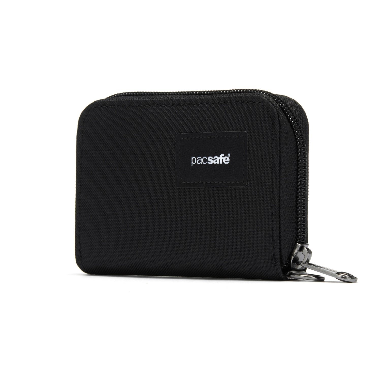 The Pacsafe RFIDsafe card wallet is black, made from recycled polyester, with a front logo.