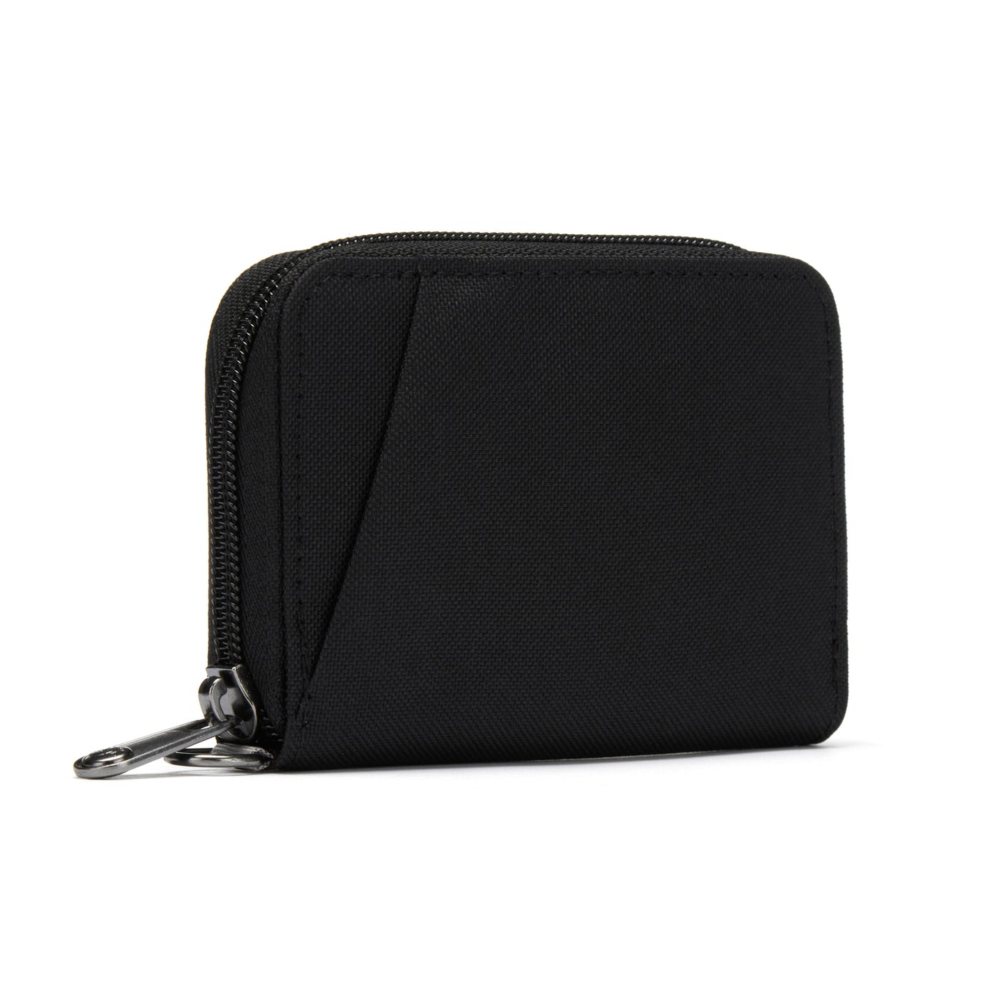 Pacsafe® RFIDsafe™ card wallet: rectangular, black, textured recycled polyester with single zipper pull.