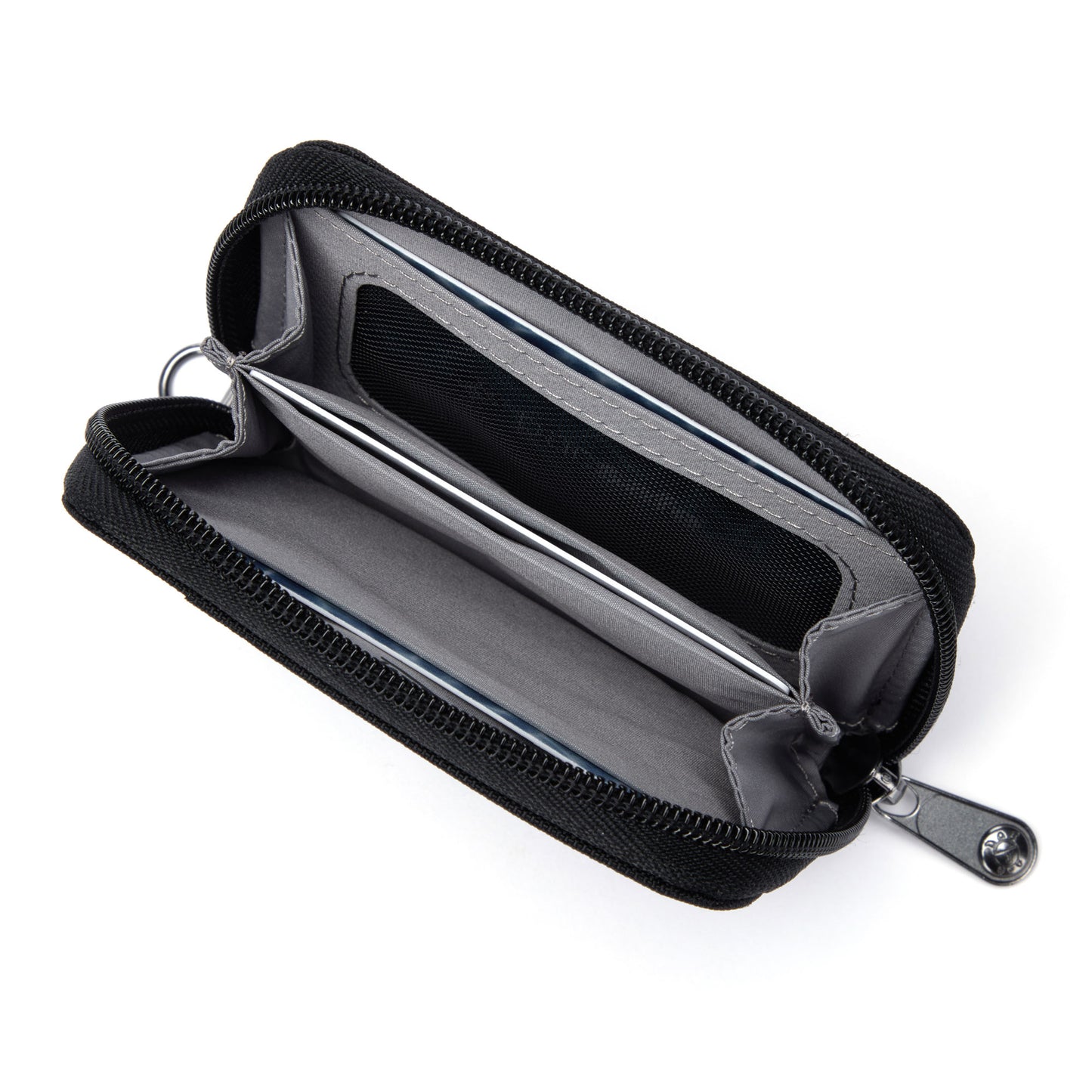 Pacsafe® RFIDsafe™ black card wallet open view with empty greyinterior pockets made of recycled polyester.