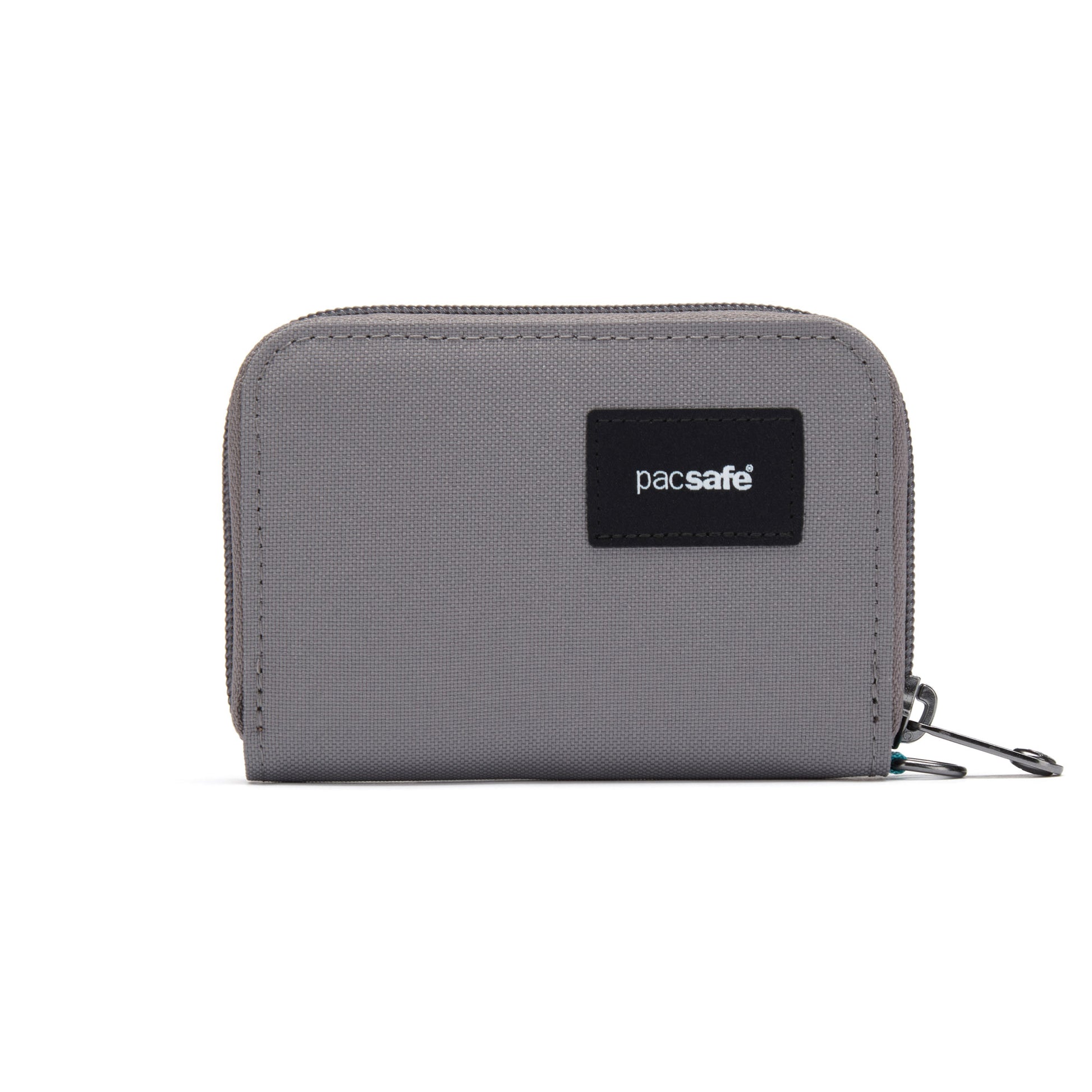 Pacsafe® RFIDsafe™ card wallet in stone grey recycled polyester with Pacsafe label on white background.