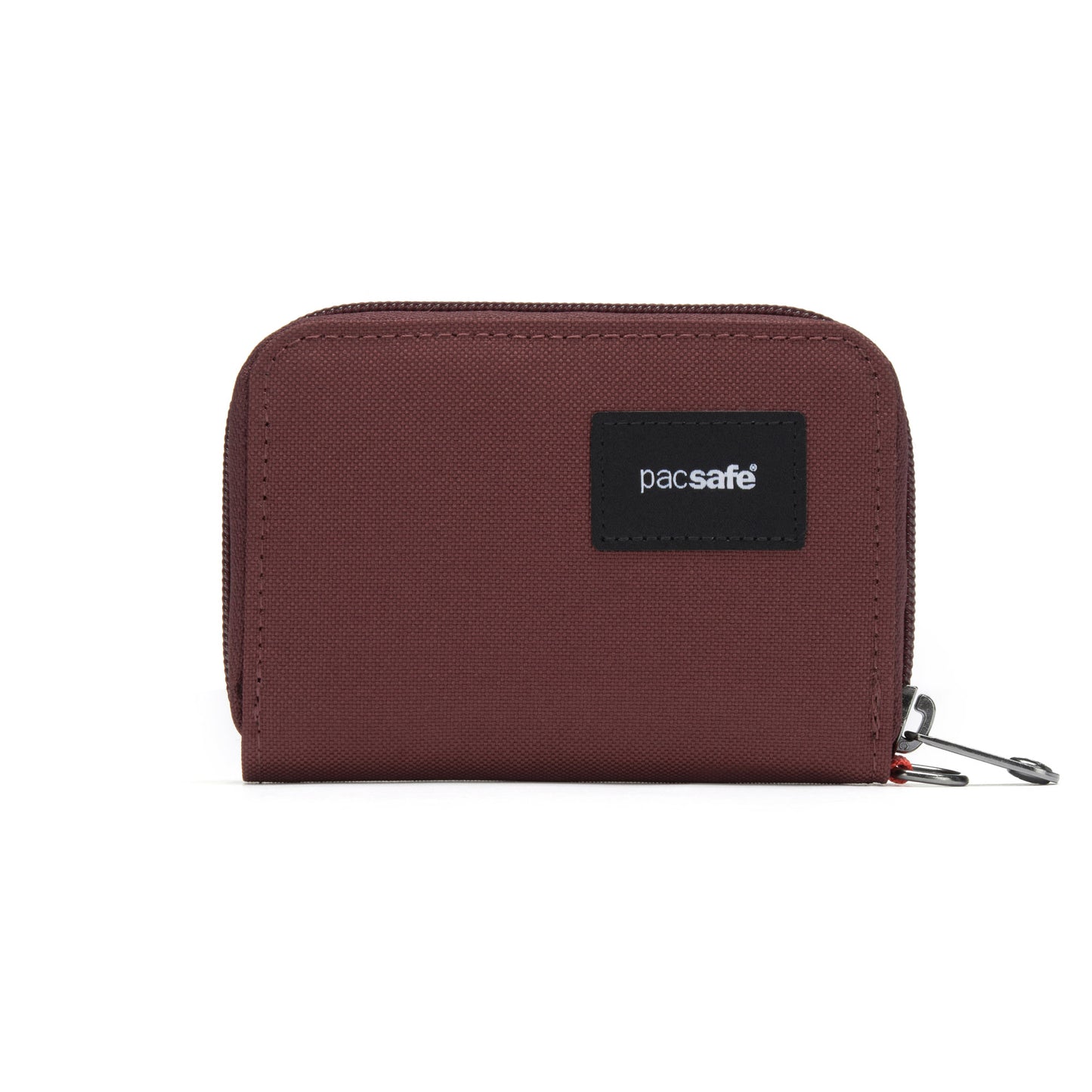 A Pacsafe® RFIDsafe™ garnet red card wallet made of recycled polyester with a black logo patch.
