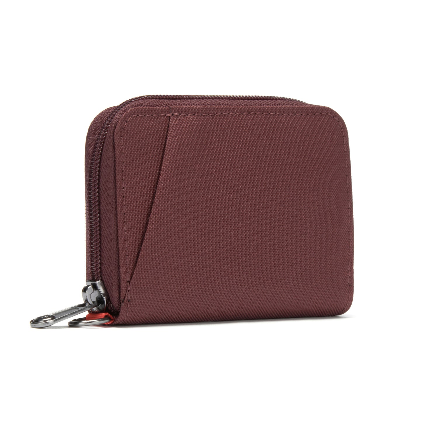 Pacsafe's RFIDsafe™ Card Wallet is recycled polyester with a textured finish and metal zipper for blocking RFID.