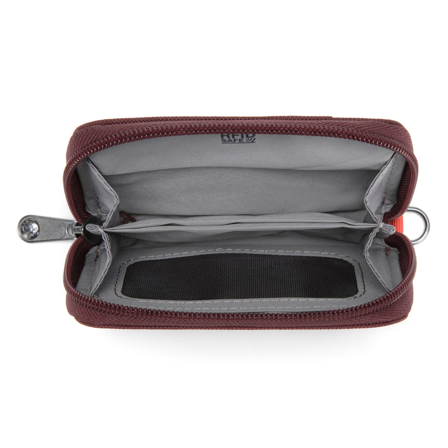 Open Pacsafe® RFIDsafe™ garnet red wallet with 2 compartments & mesh pocket, made from recycled polyester.