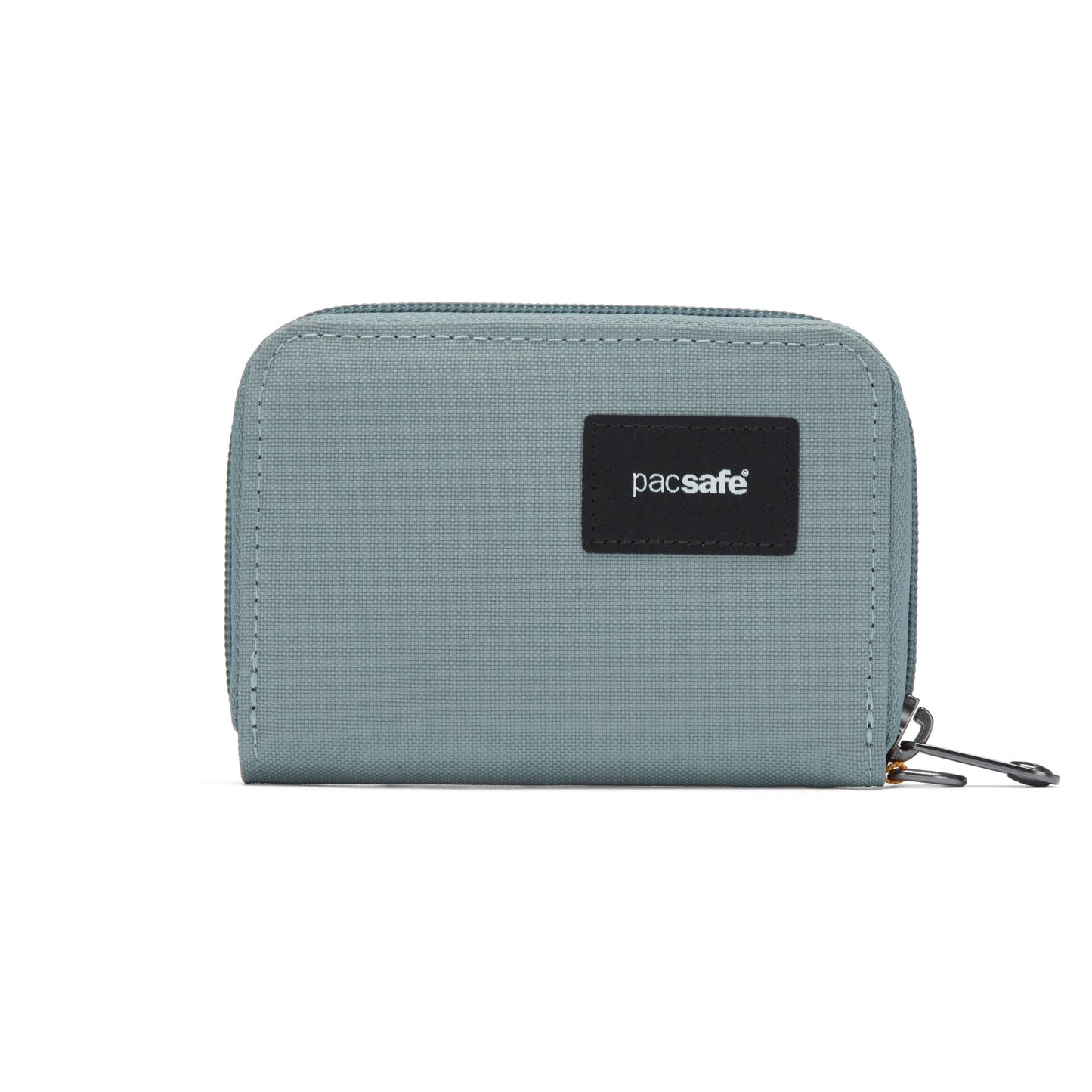 Recycled polyester Pacsafe® RFIDsafe™ wallet in fresh mint with a black logo patch, featuring a zip closure.