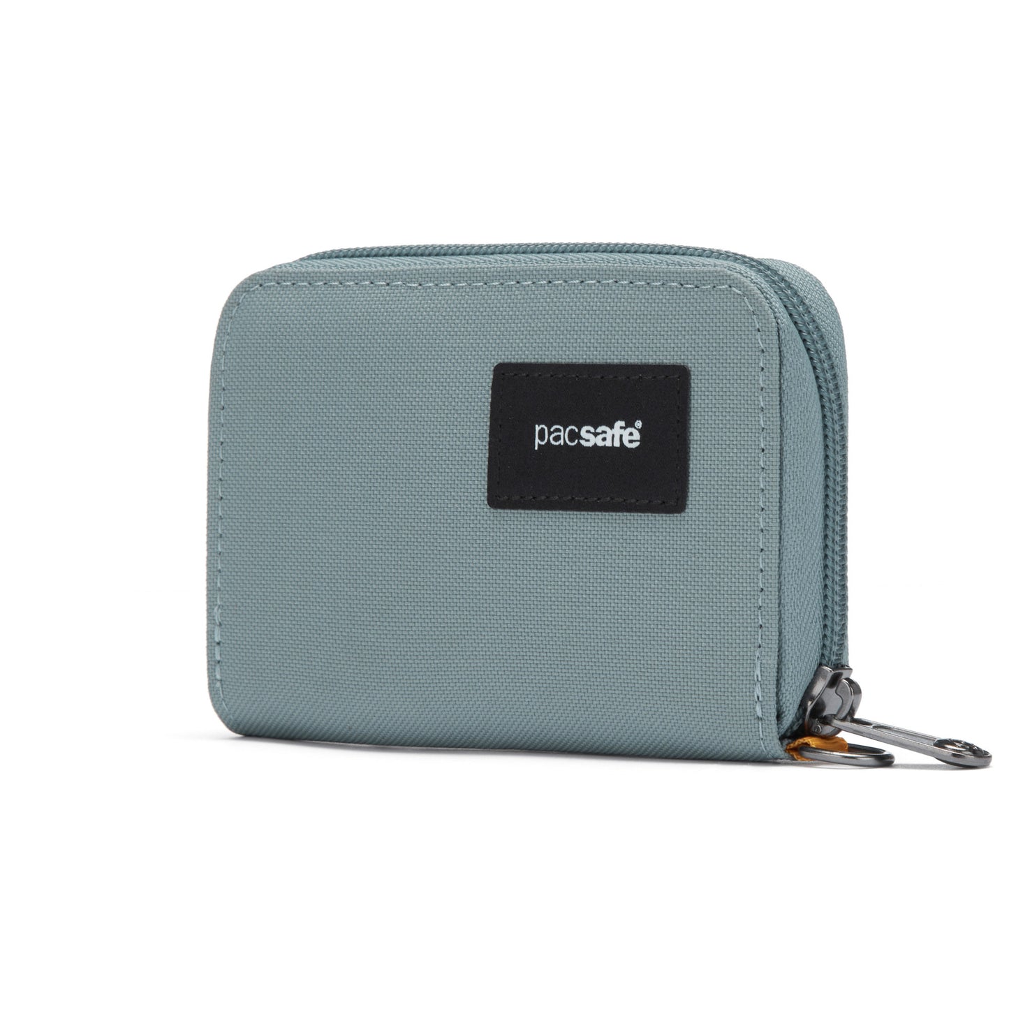 Fresh mint Pacsafe® RFIDsafe™ wallet with RFID blocking, a black logo, and dual zipper pulls.