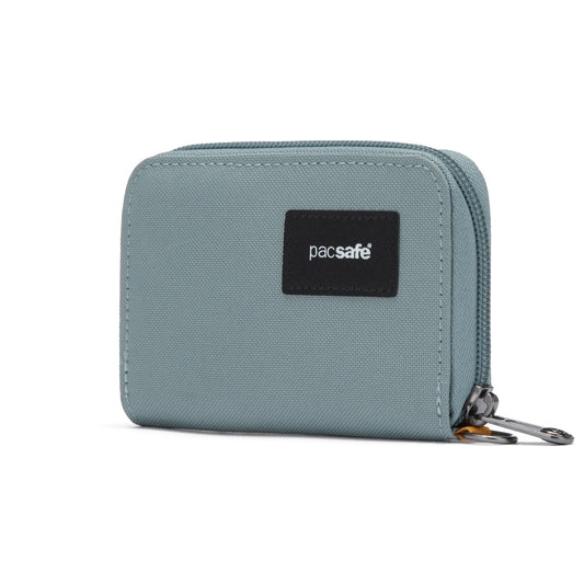 Product Image – Fresh mint Pacsafe® RFIDsafe™ wallet with RFID blocking, a black logo, and dual zipper pulls.