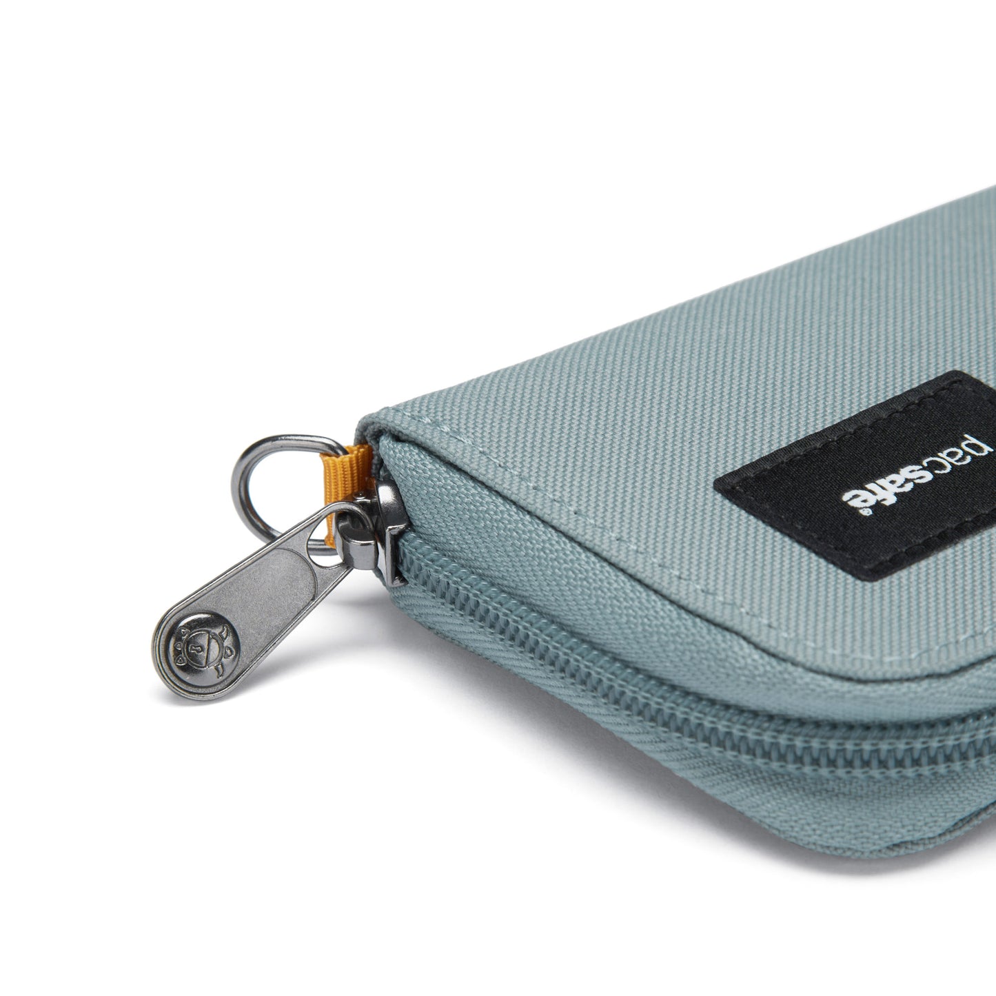 Pacsafe® RFIDsafe™ RFID Blocking Card Wallet, fresh mint, with silver zipper and security ring.