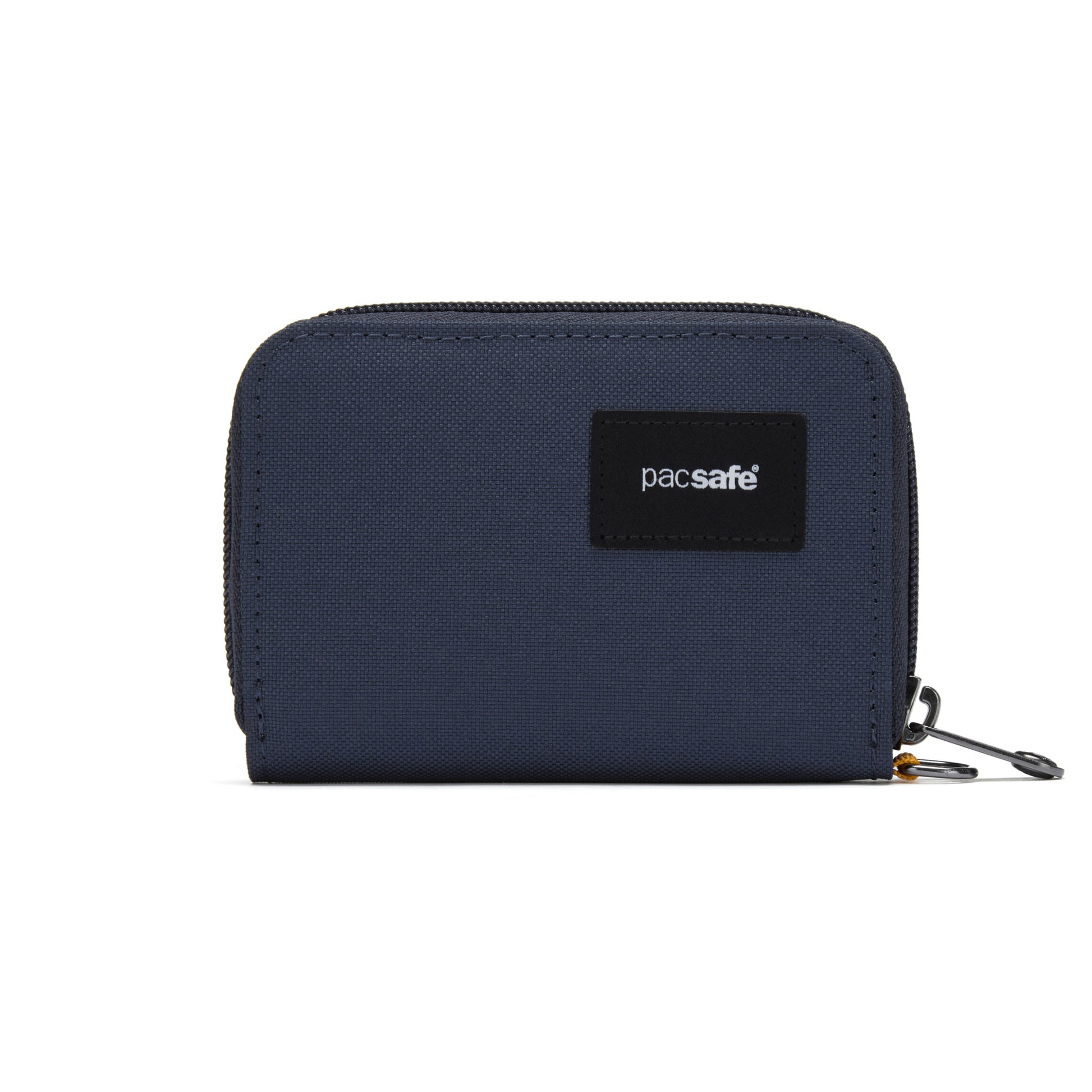 Pacsafe® RFIDsafe™ card wallet in coastal blue recycled polyester with Pacsafe label on white background.