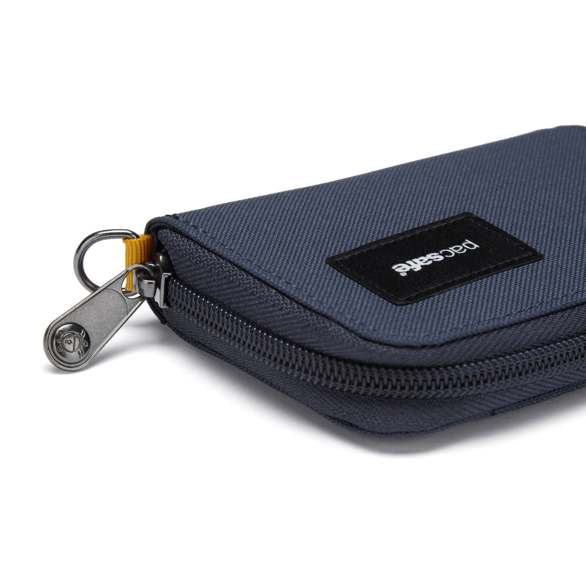 Pacsafe® RFIDsafe™ card wallet, coastal blue, close up of zipper
