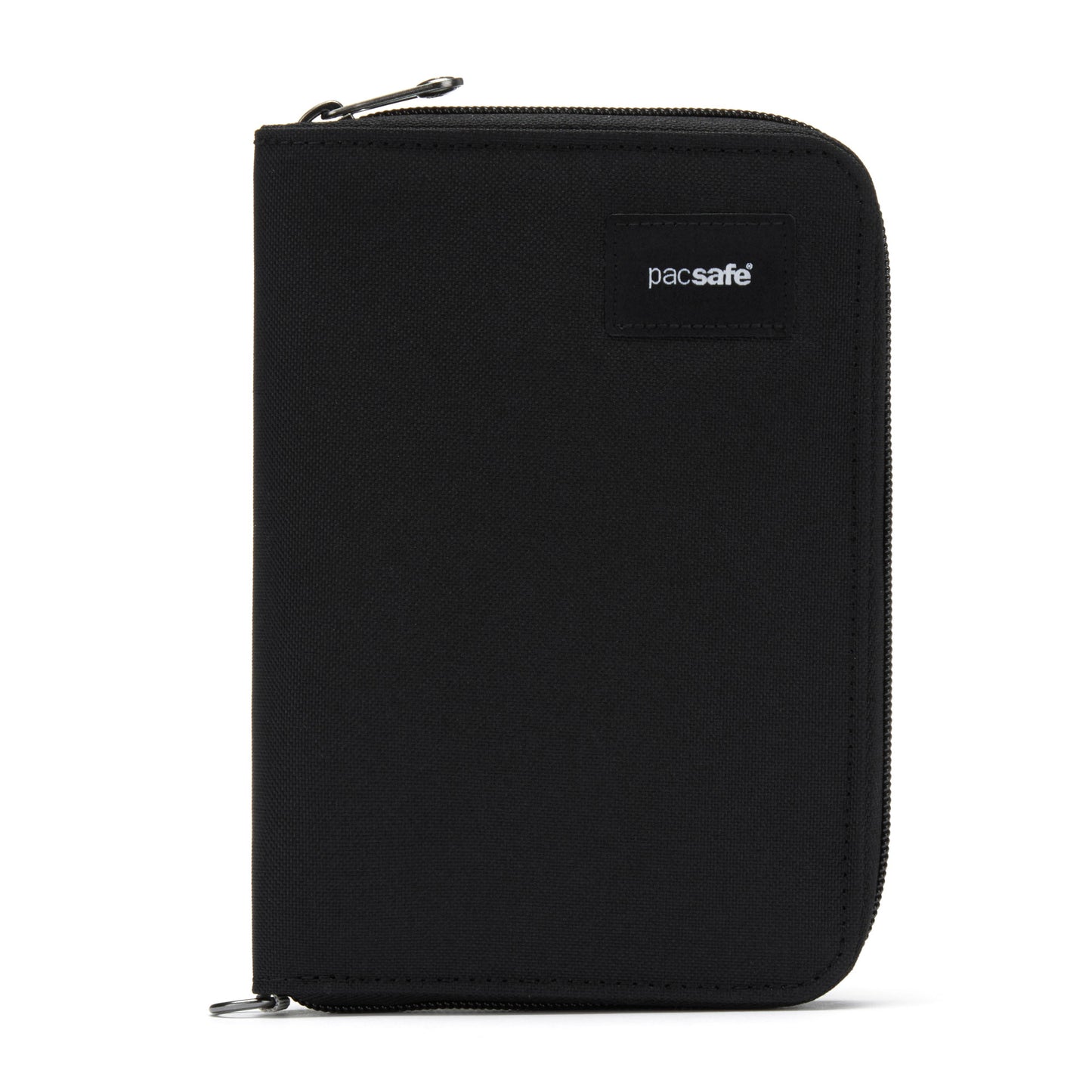 Black Pacsafe® travel wallet with RFID-blocking, made from recycled polyester.