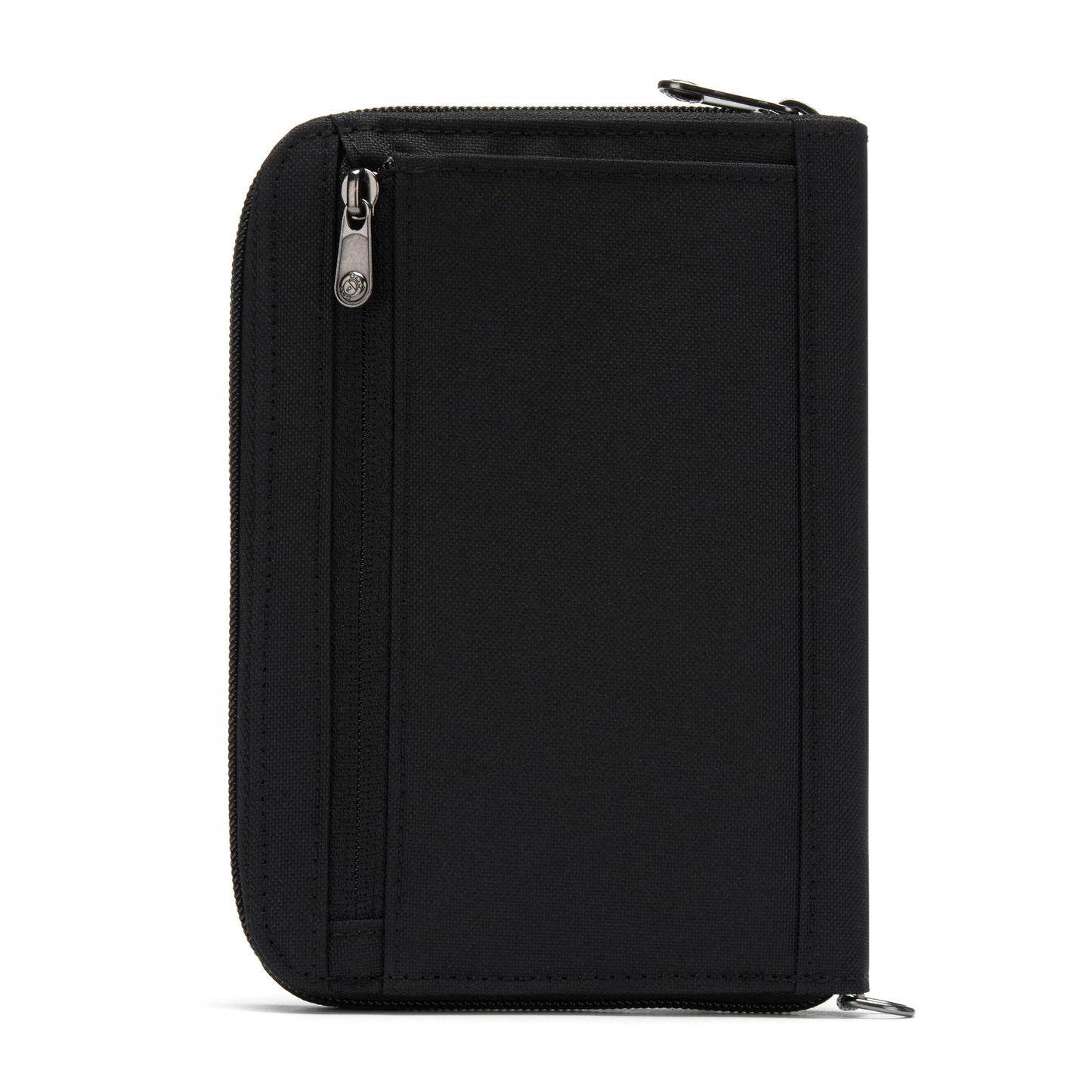 Pacsafe RFIDsafe travel organizer: black, zippered, recycled polyester, RFID block, back pocket.