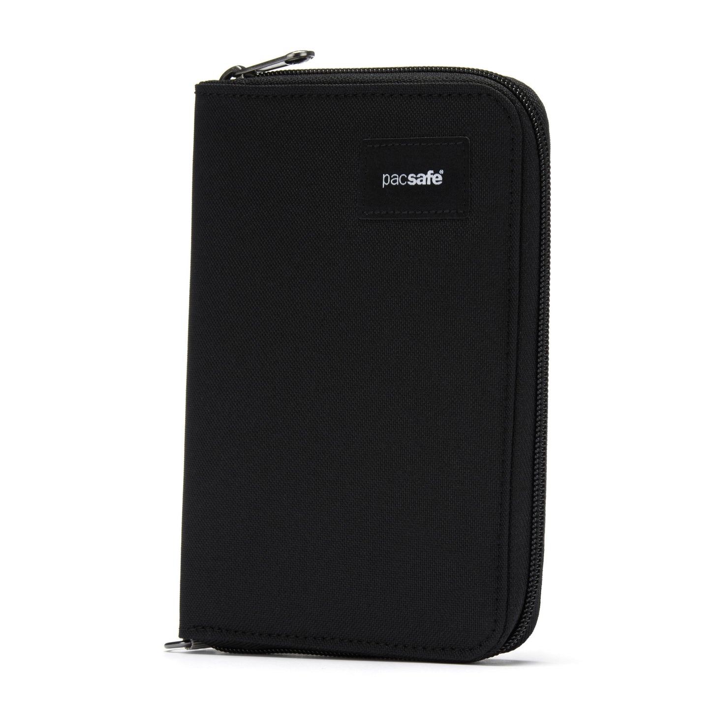 Black Pacsafe® RFIDsafe™ zippered wallet with RFID blocking, made from recycled polyester.
