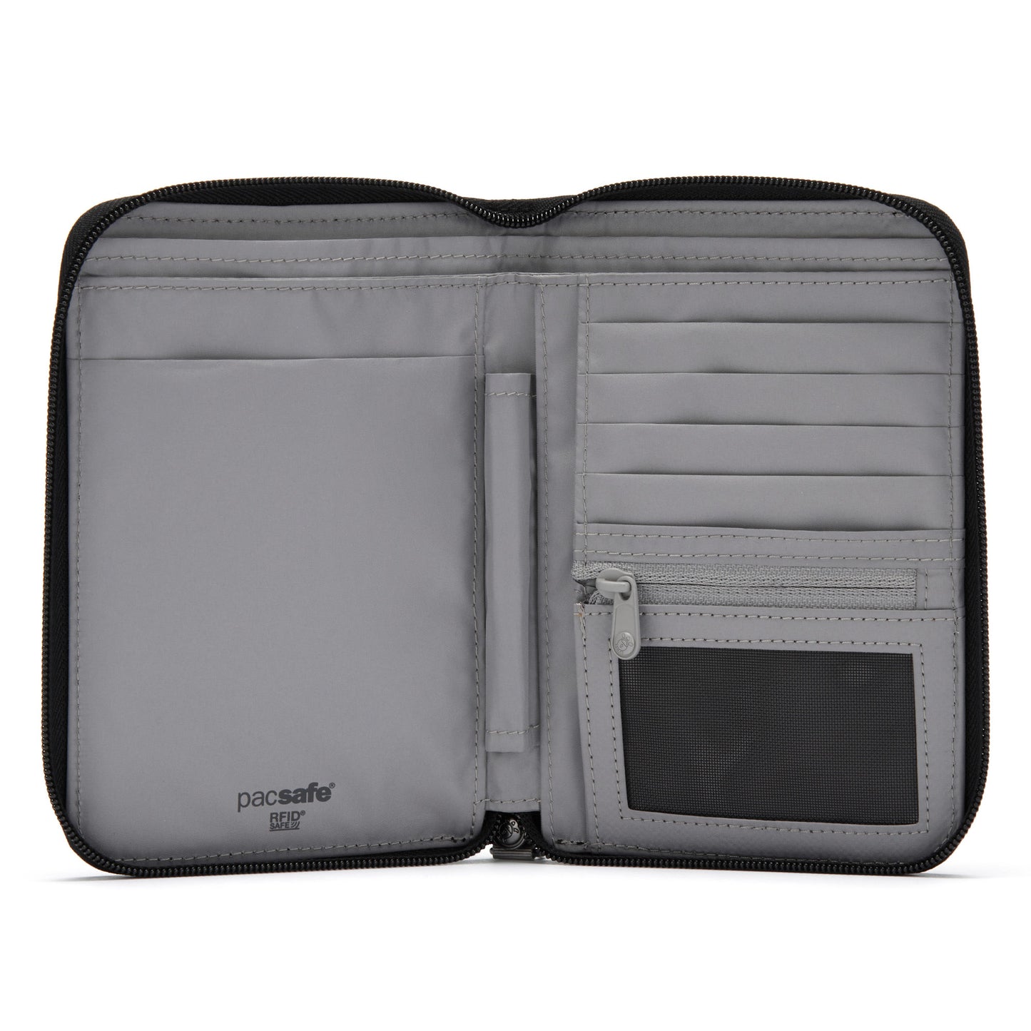 Open view of grey interior of Pacsafe® RFIDsafe™ organizer with card slots, zip pocket, mesh ID holder and RFID passport slot.