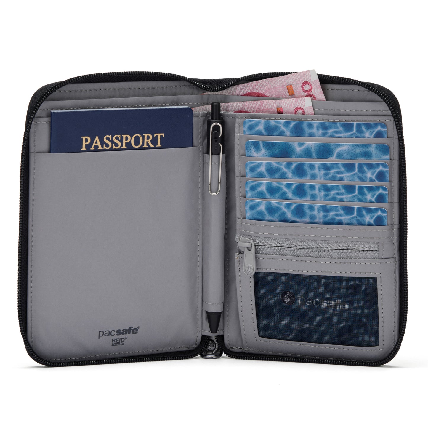 Pacsafe® RFIDsafe™ Travel Organizer: RFID blocking, recycled polyester holds passport, pen, cash and cards.