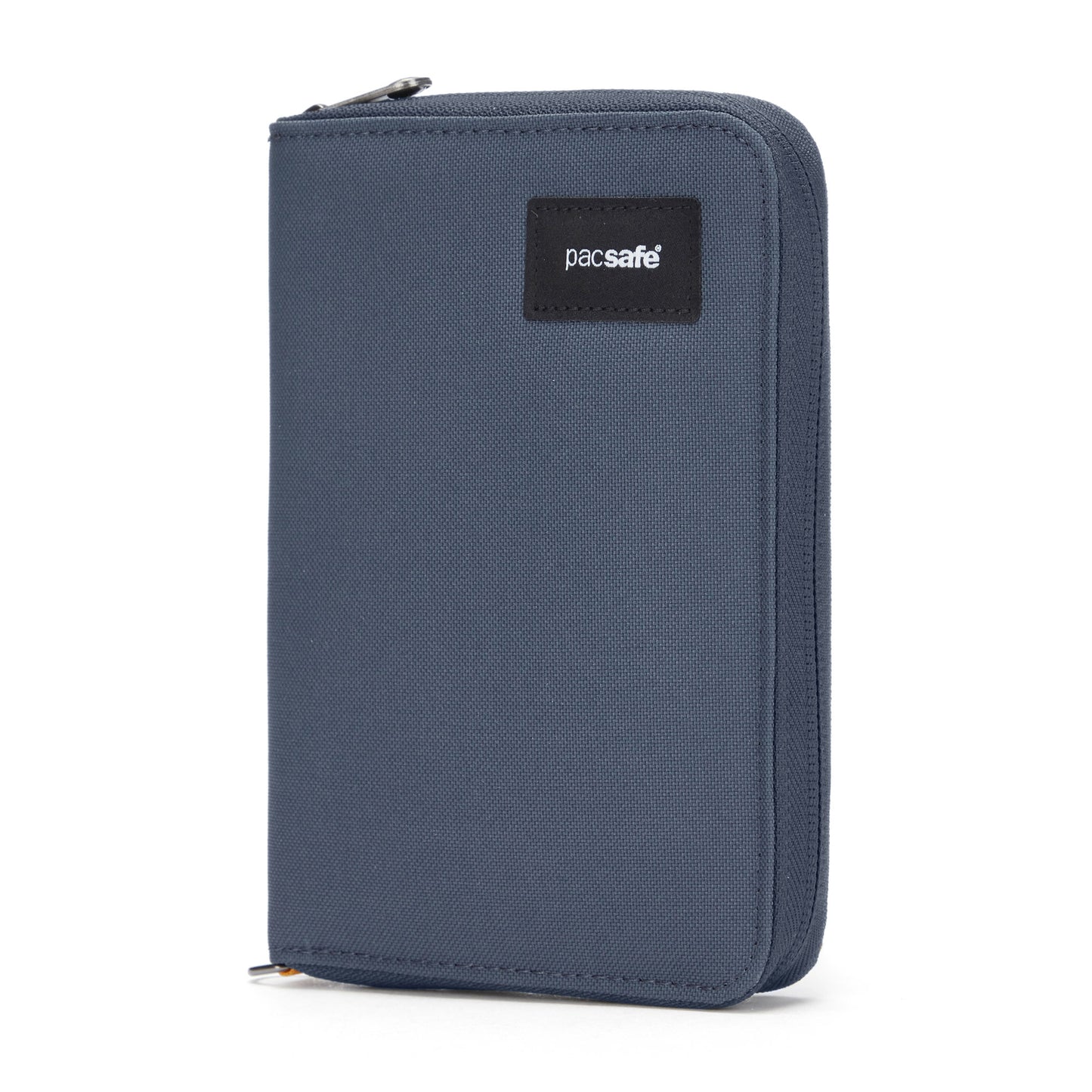 A blue Pacsafe RFIDsafe travel organizer, upright with a black logo patch.