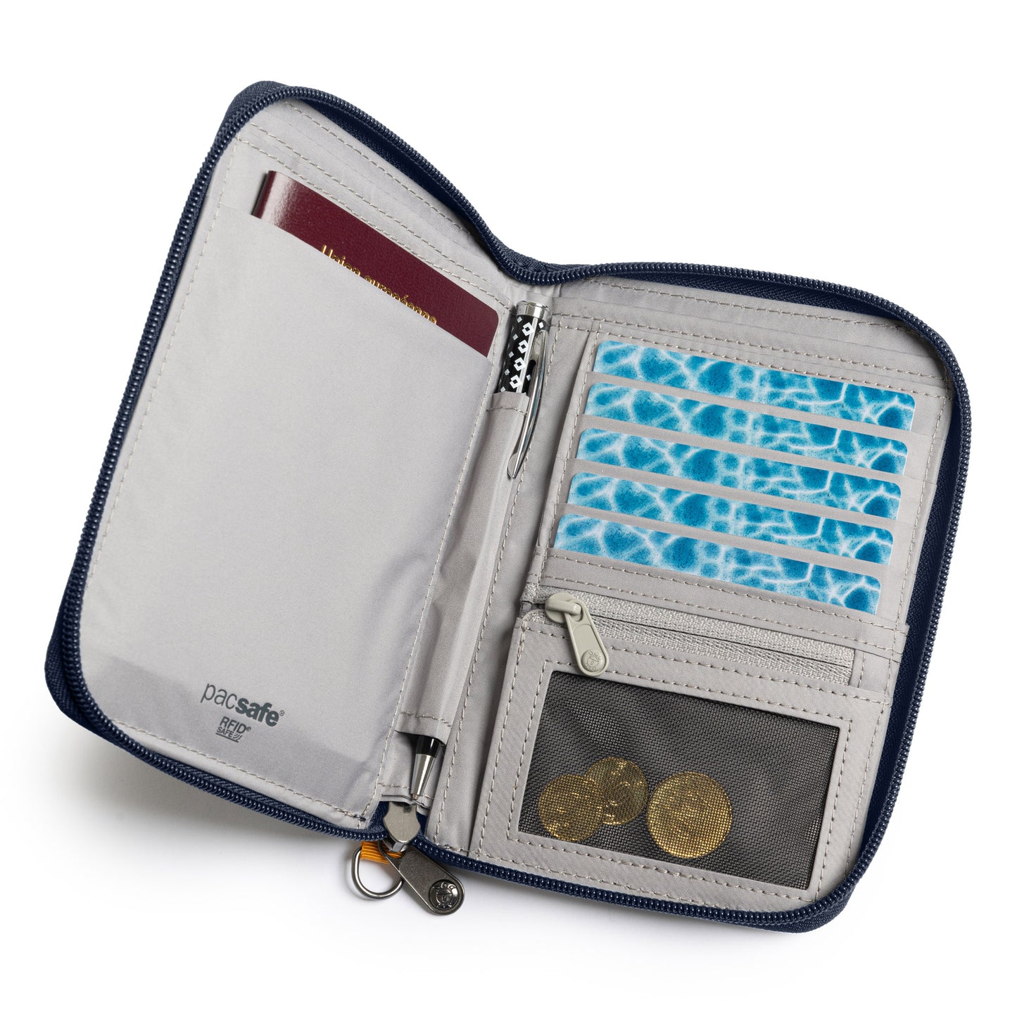 The Pacsafe® RFIDsafe™ organizer, made of recycled polyester, holds a passport, pen, cards, and coins in a mesh pocket.
