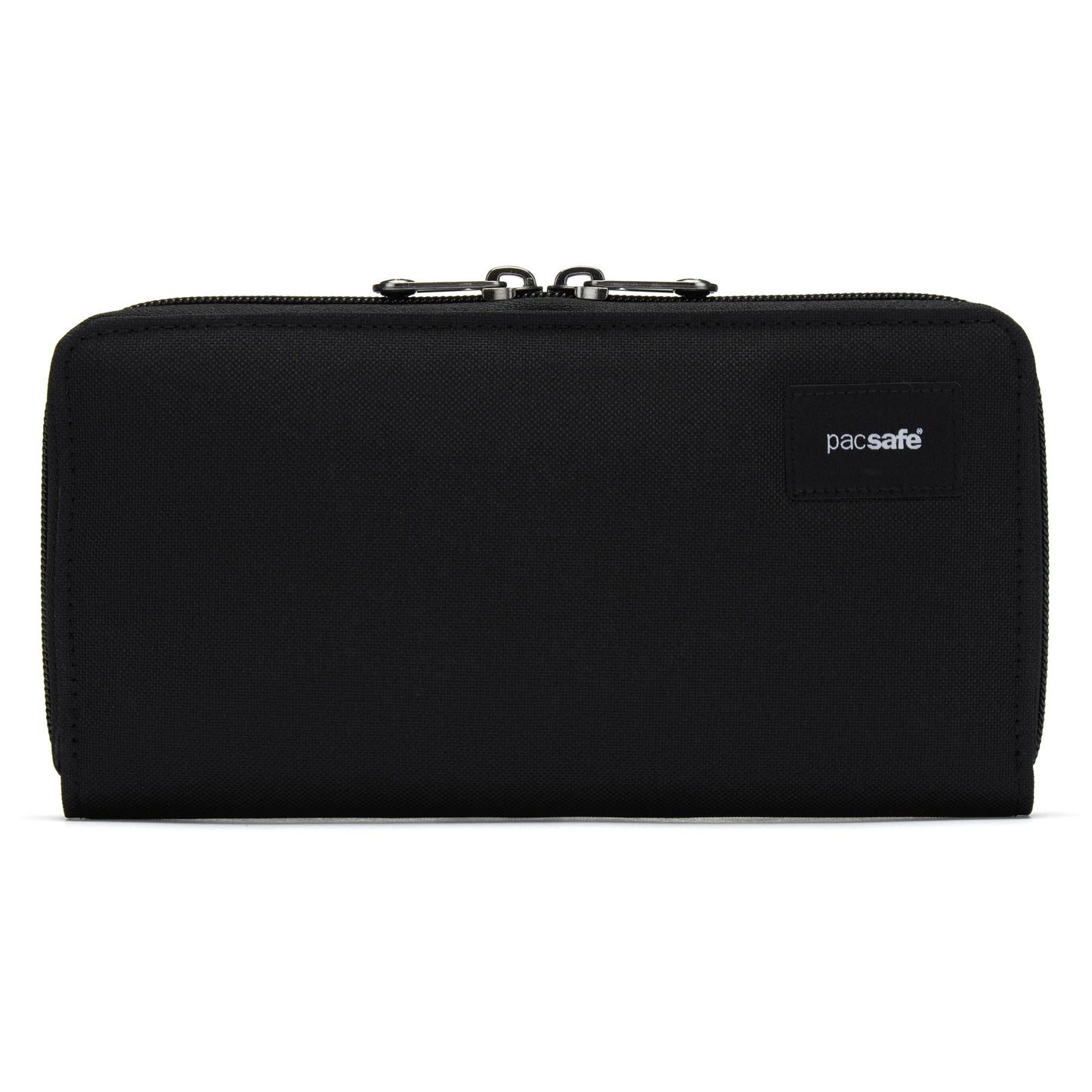 The Pacsafe RFIDsafe wallet is black, rectangular, made from recycled polyester with dual zippers and a front logo.