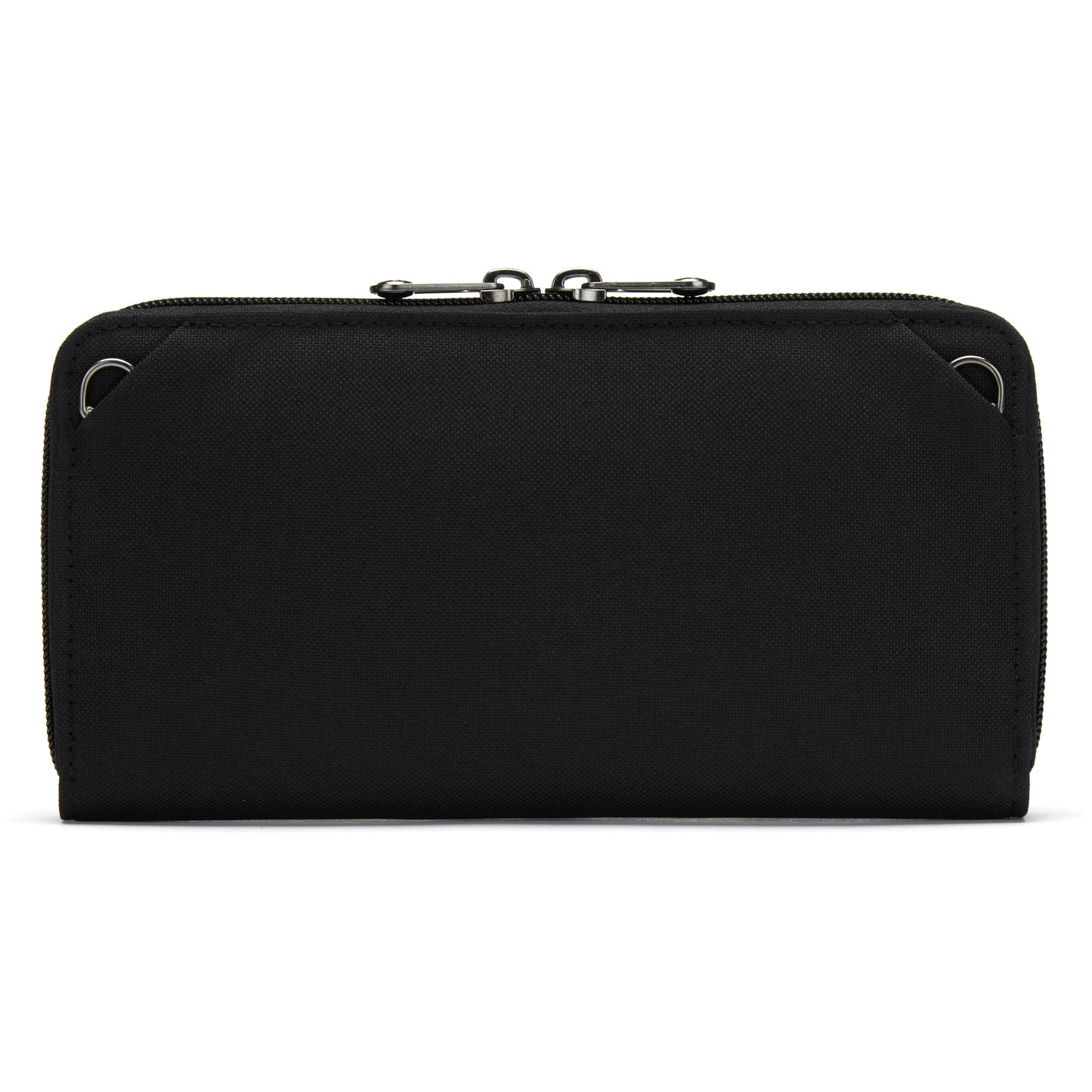 Back view of a Pacsafe RFIDsafe™ wallet in black with textured surface and corner metal grommets.