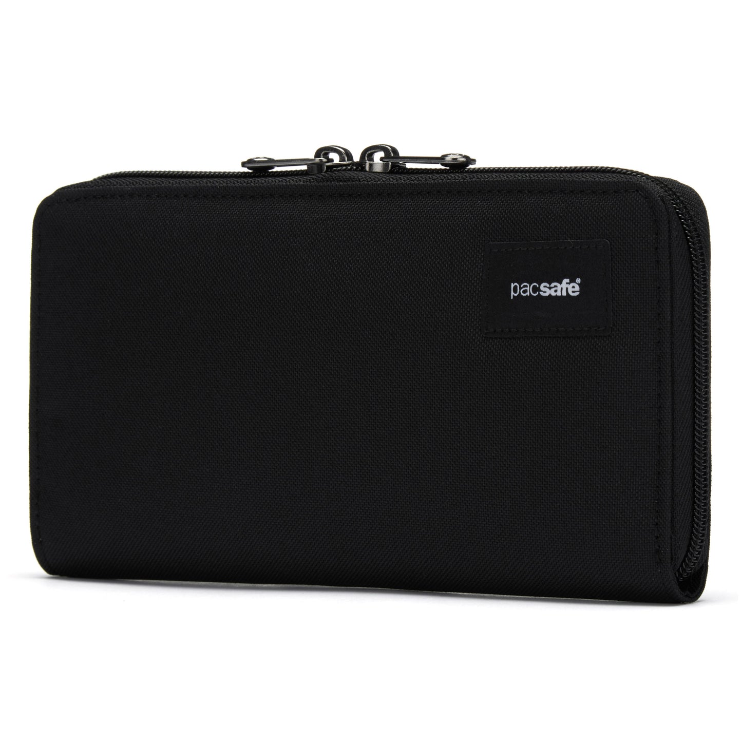 Rectangular black Pacsafe® RFIDsafe™ wallet, dual zippers, recycled polyester, small logo.