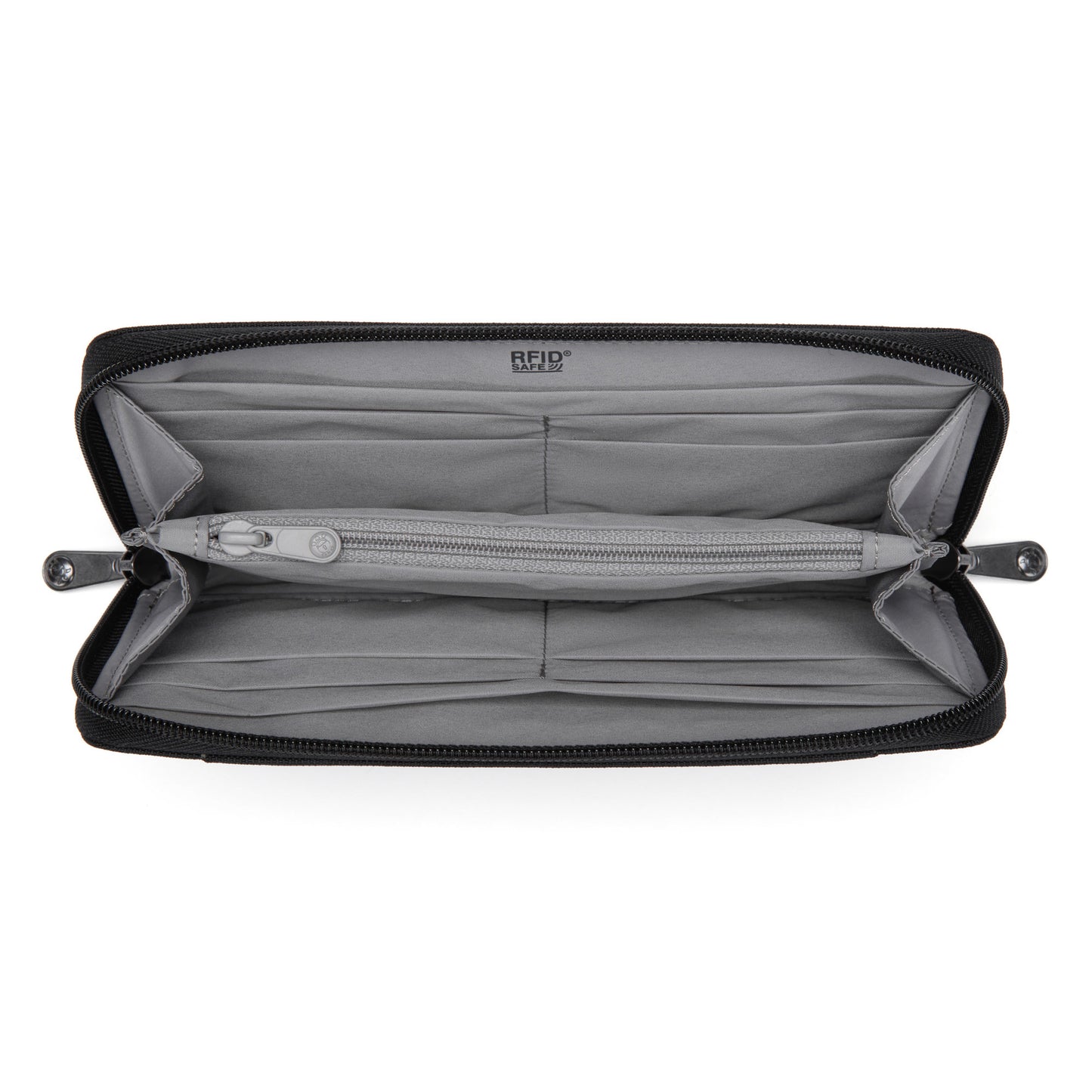 Open your Pacsafe® RFIDsafe™ wallet, black with grey interior, multiple card slots and a central zippered compartment.