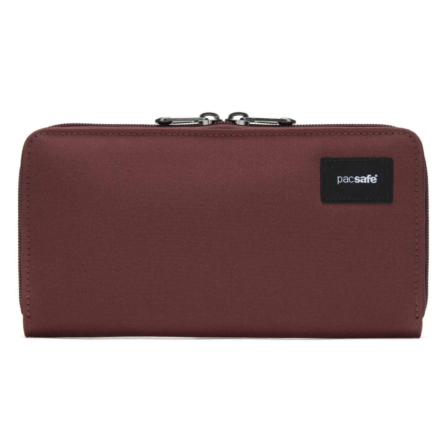 A garnet red Pacsafe® RFIDsafe™ wallet featuring the black "pacsafe" logo on front.