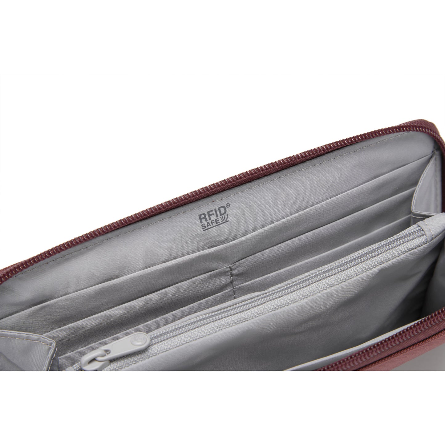 Open Pacsafe RFIDsafe™ garnet red RFID-blocking wallet with card slots and zippered pocket, in recycled polyester.