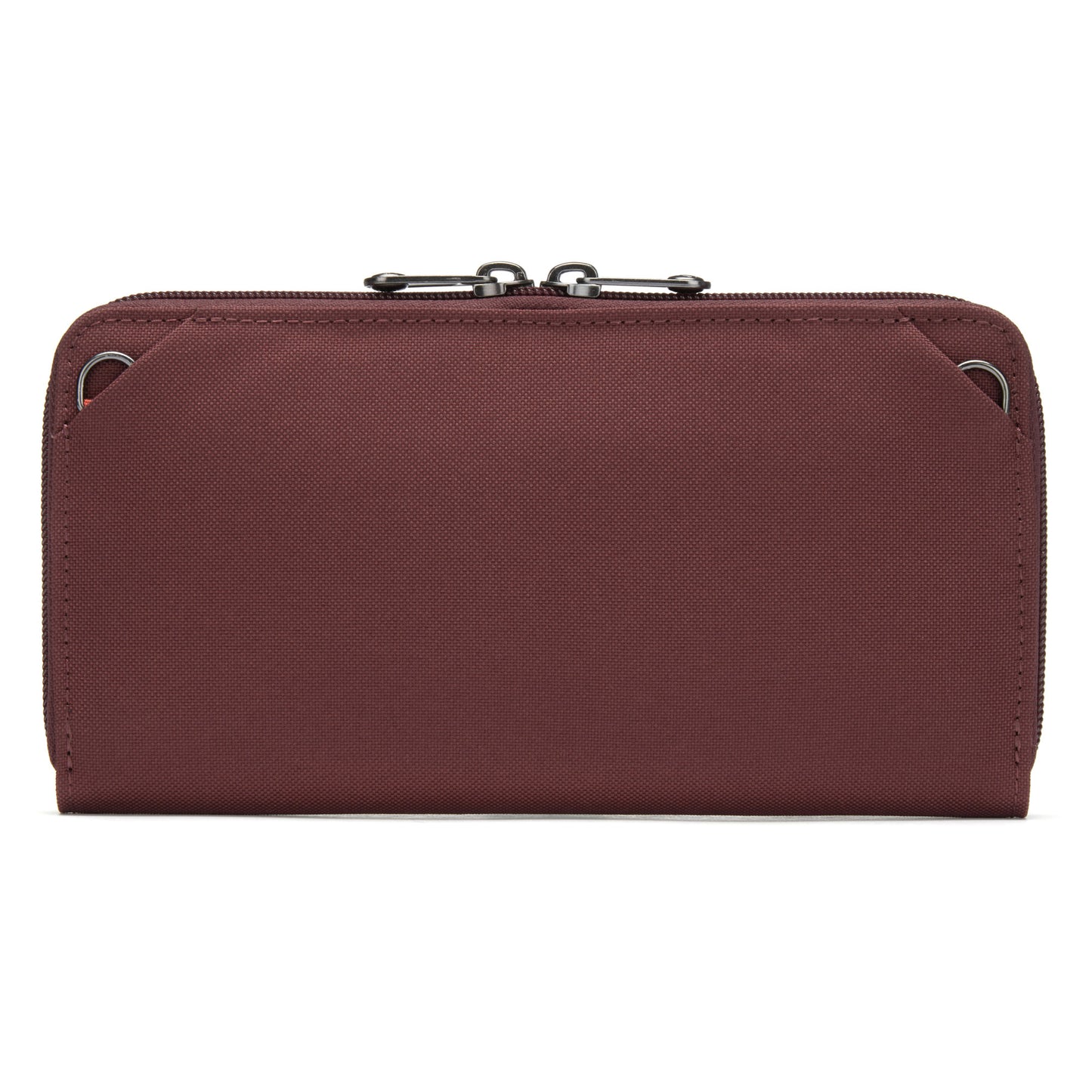 Back view of Pacsafe® RFIDsafe™ garnet red wallet with corner metal eyelets