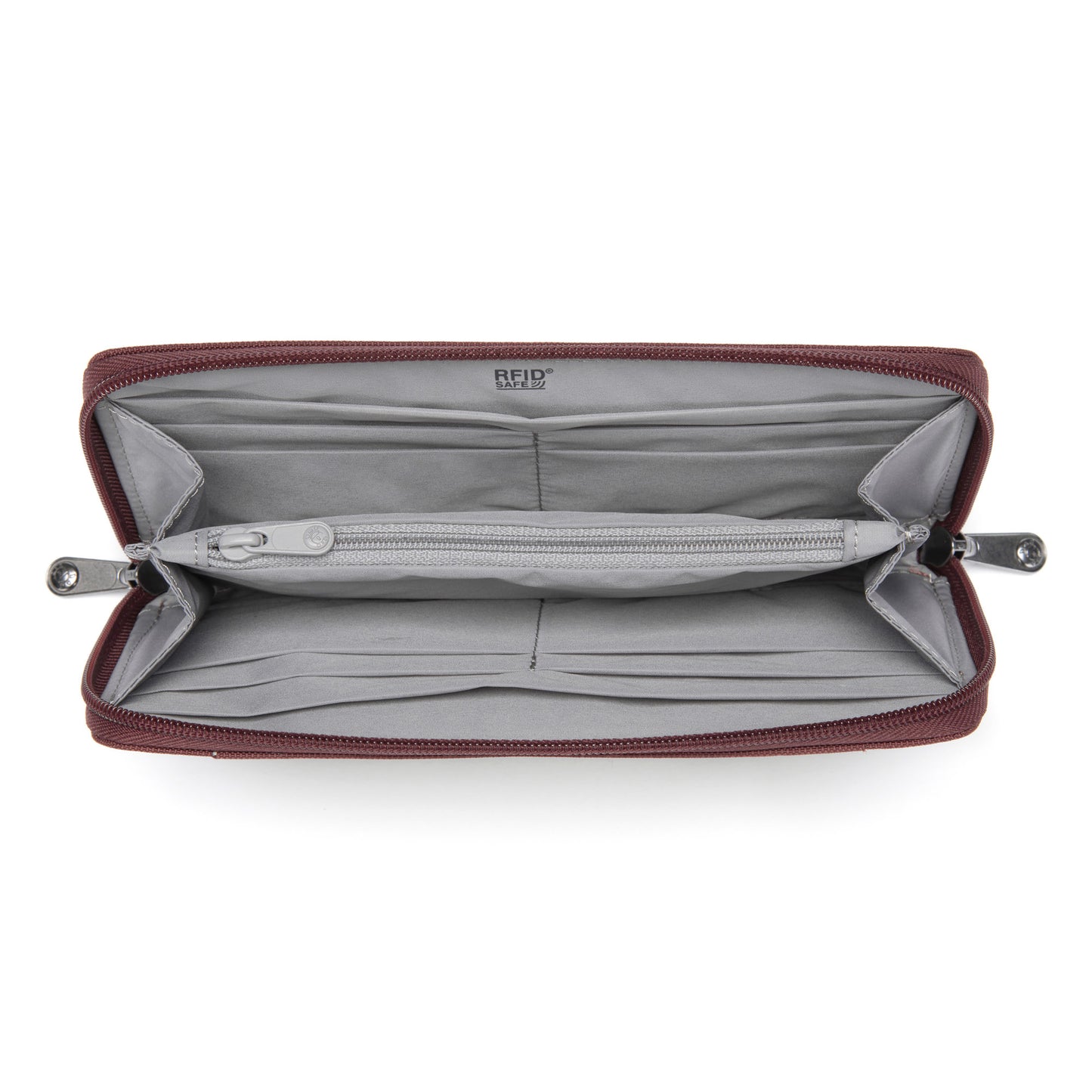 Open Pacsafe® RFIDsafe™ wallet with RFID-blocking, multiple compartments, and a central zipper pocket.