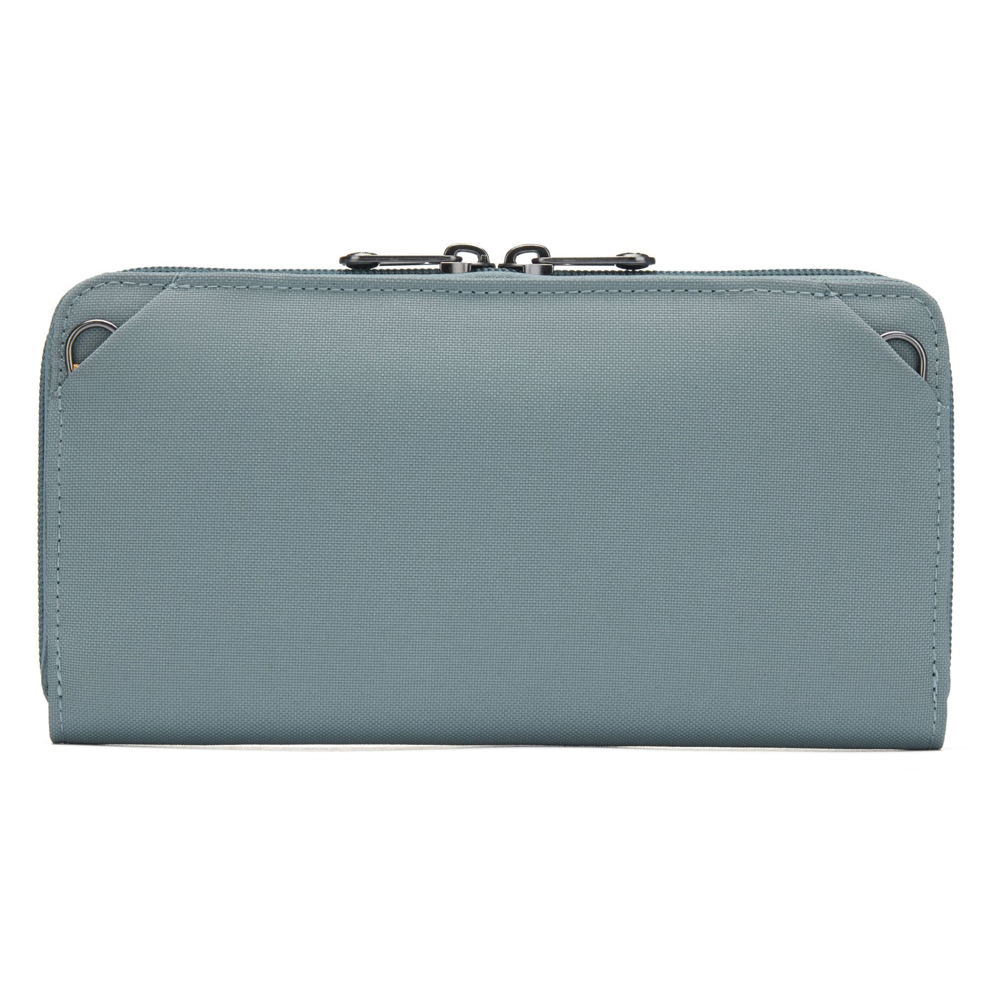 Back view of fresh mint Pacsafe® RFIDsafe™ wallet with zipper, metal accents, and RFID blocking.