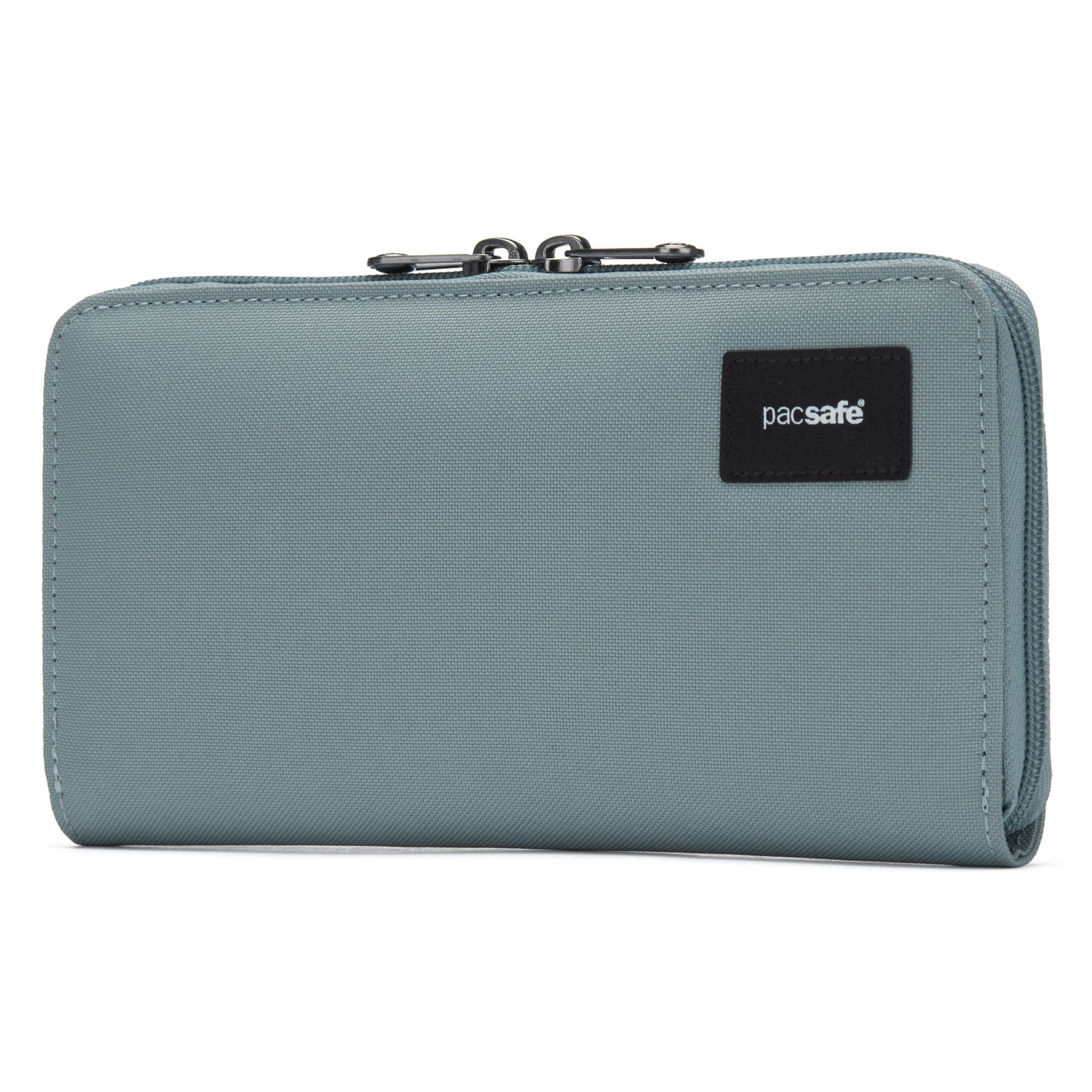 A fresh mint Pacsafe® RFIDsafe™ wallet with zipper and black logo patch.