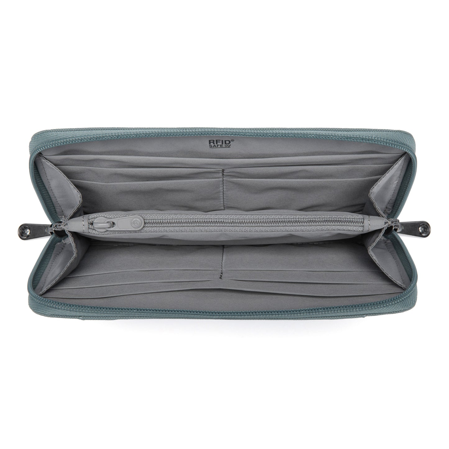 Open view of fresh mint Pacsafe® RFIDsafe™ RFID Blocking Continental Wallet with multiple card slots and central zippered pocket.
