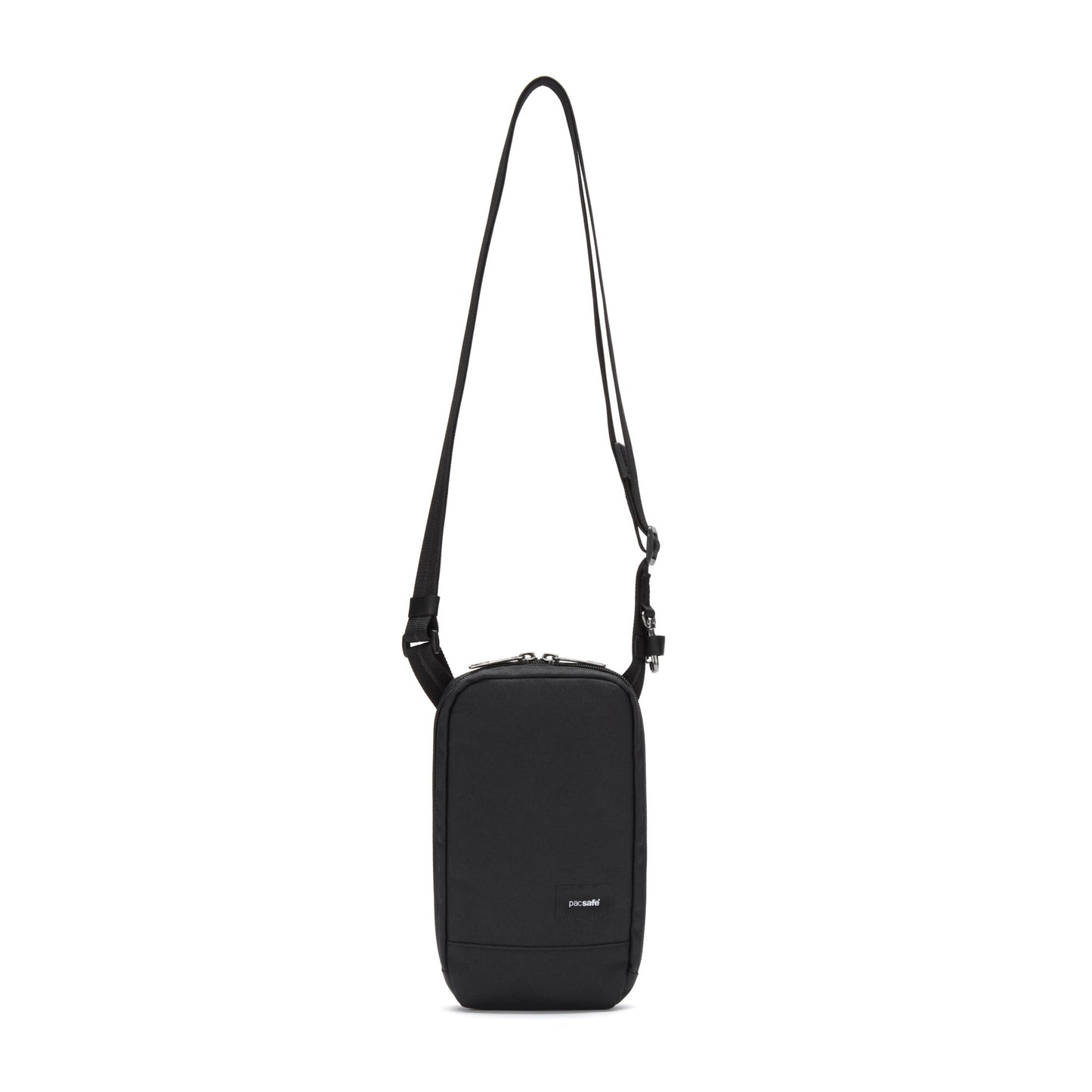 Pacsafe® RFIDsafe™ RFID Blocking Tech Crossbody, made from recycled polyester, features a long adjustable strap.